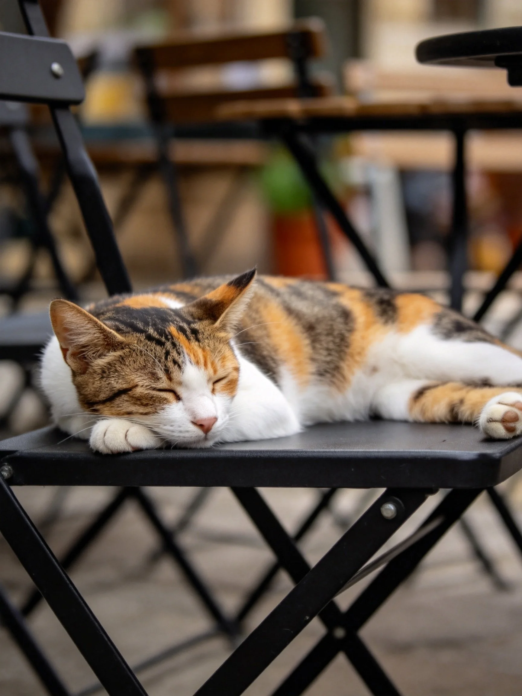 A calico cat rests on a black folding chair outside