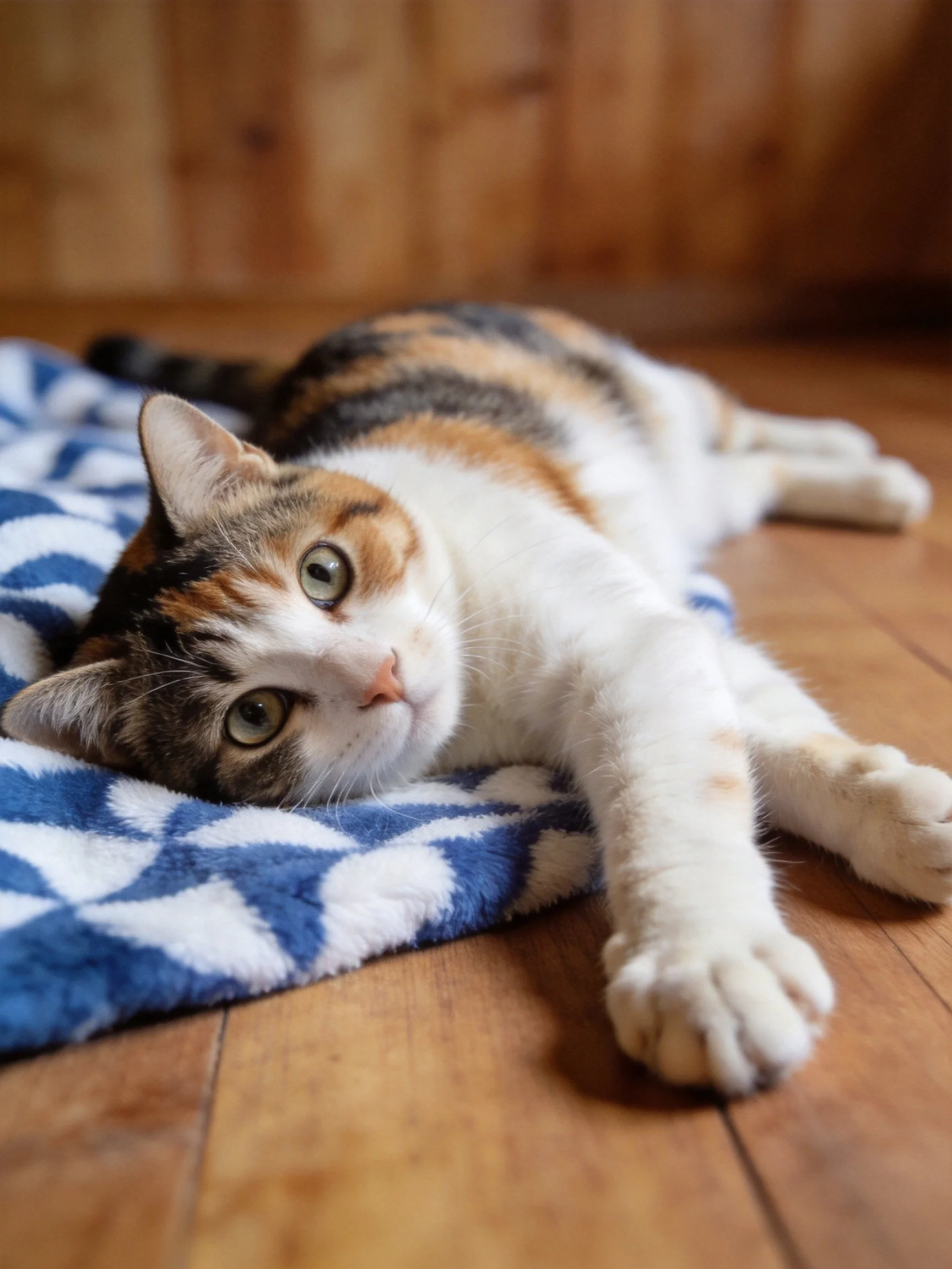 A calico cat relaxes on a blue-and-white towel in a cozy indoor setting.