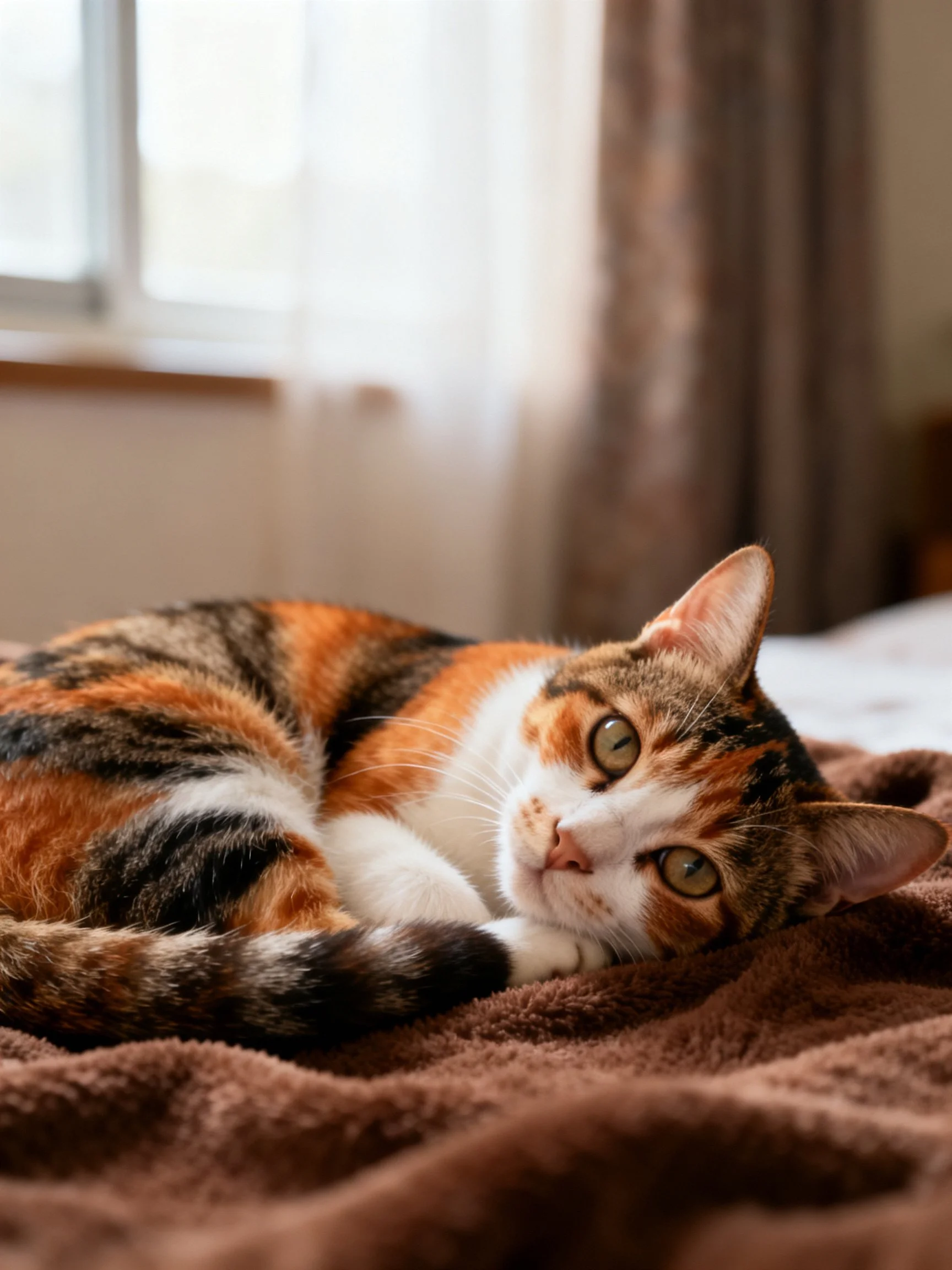 A calico cat rests on a brown blanket near a sunlit window