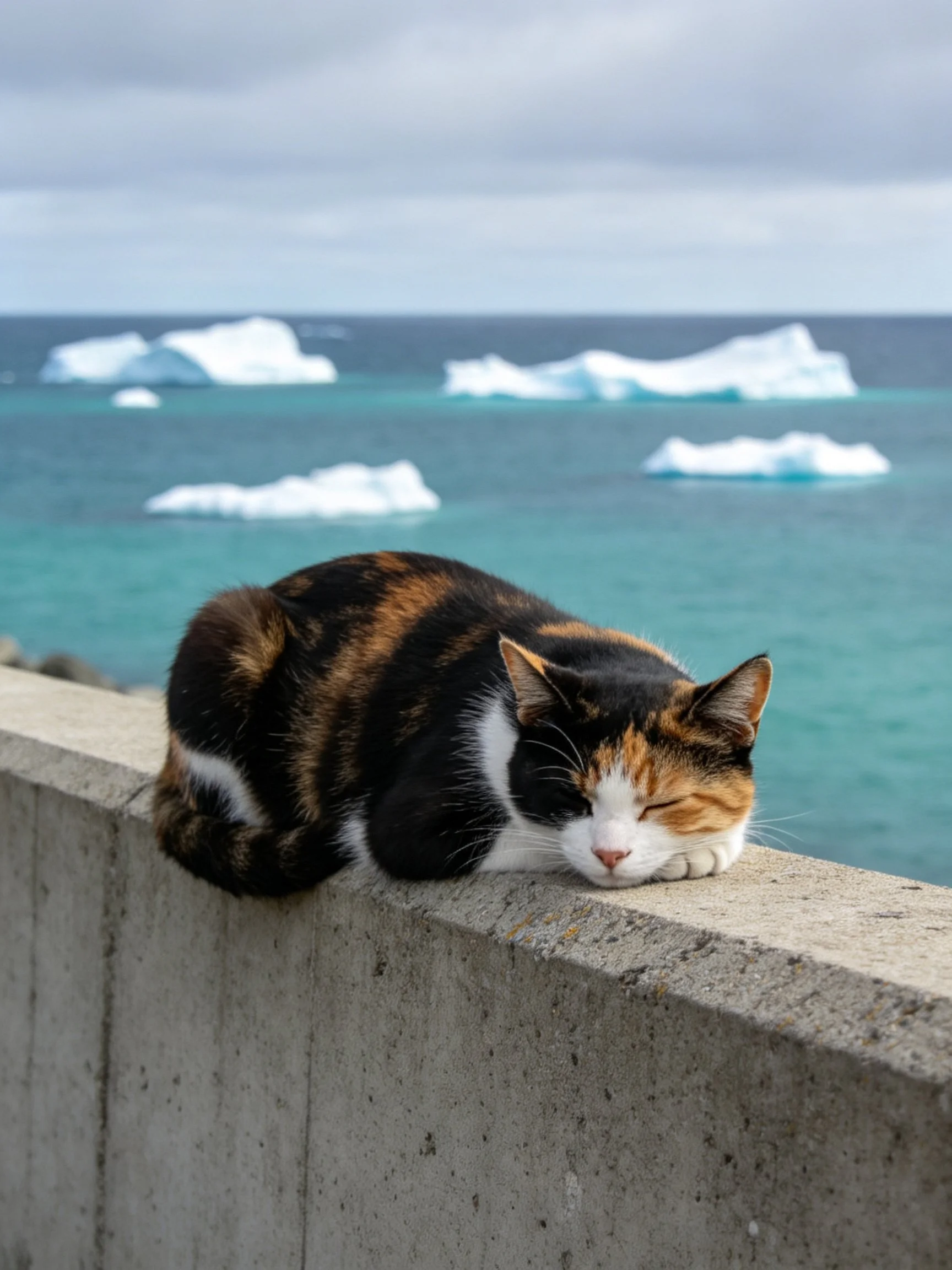 A calico cat rests on a concrete ledge near icy waters.