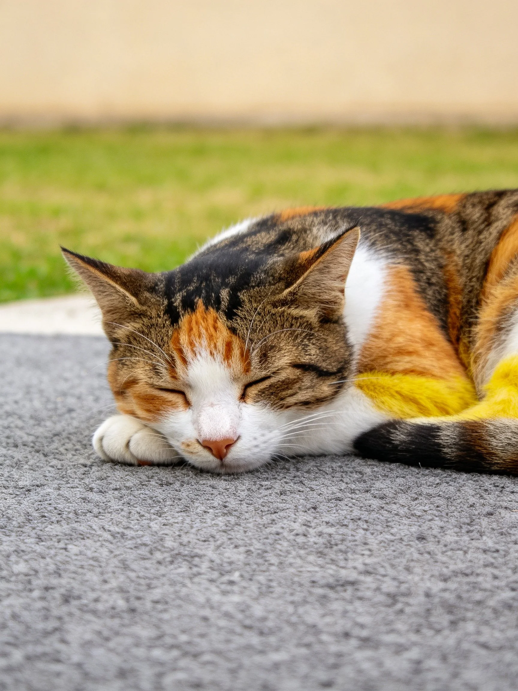 A calico cat rests on a gray mat beside green grass