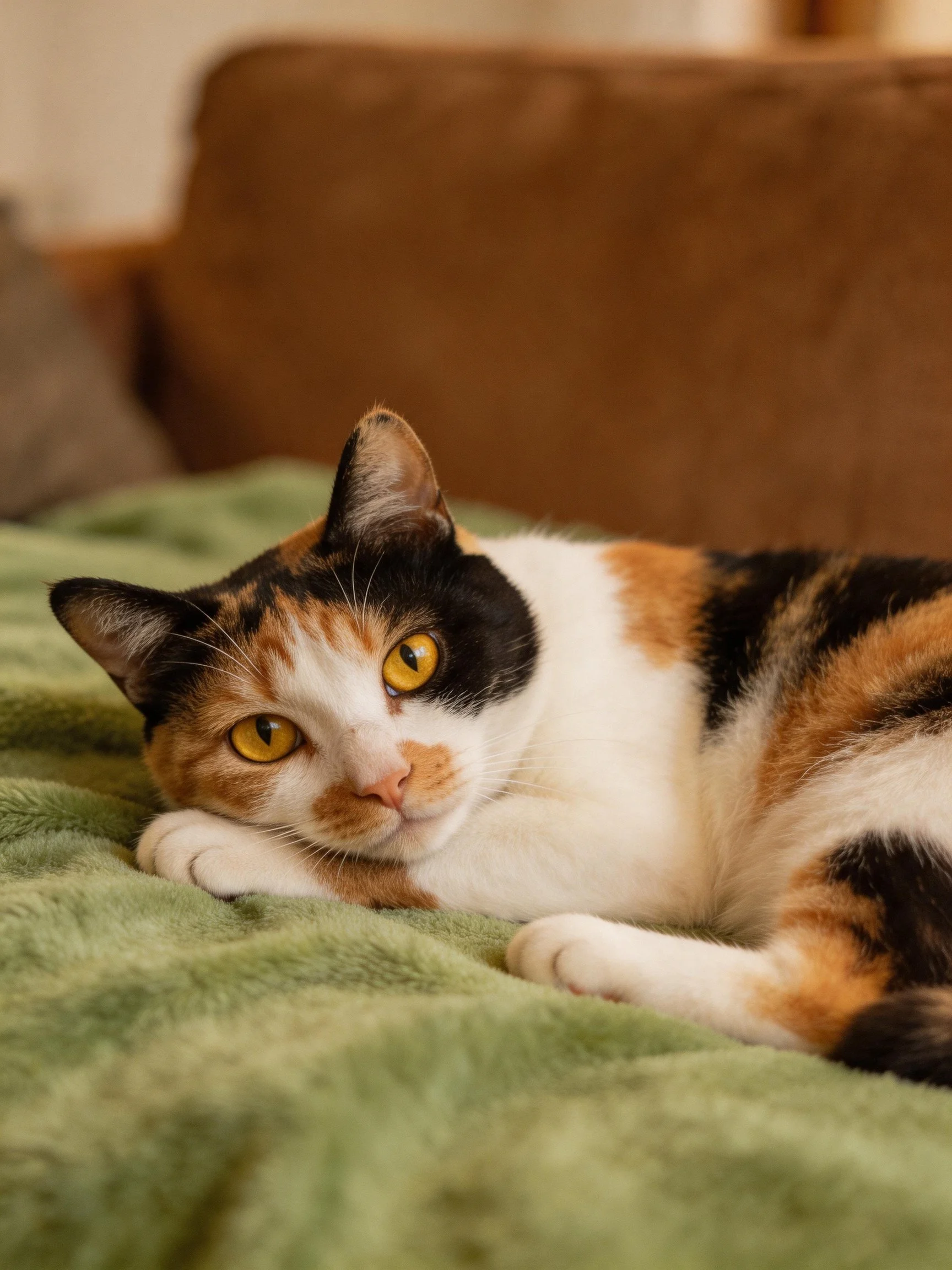 A calico cat rests on a green blanket near a brown couch