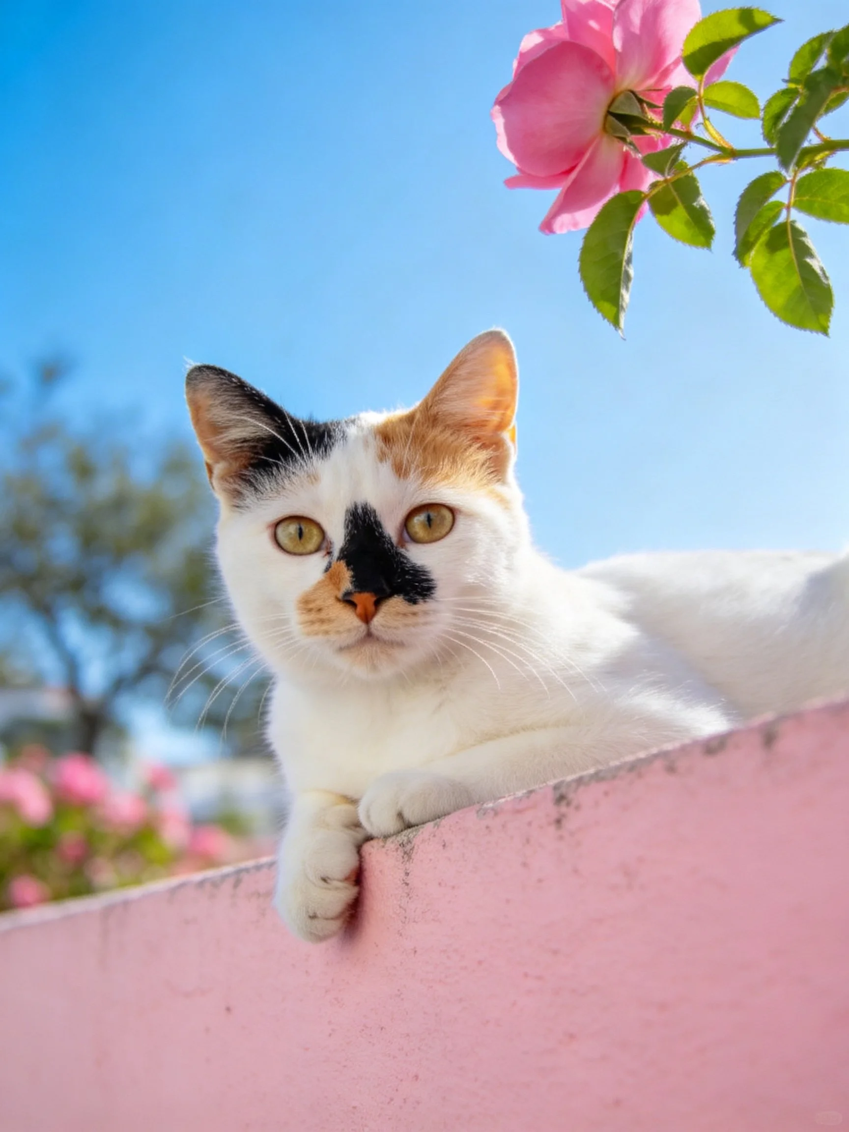 A calico cat rests on a pink ledge near a pink rose under clear blue sky