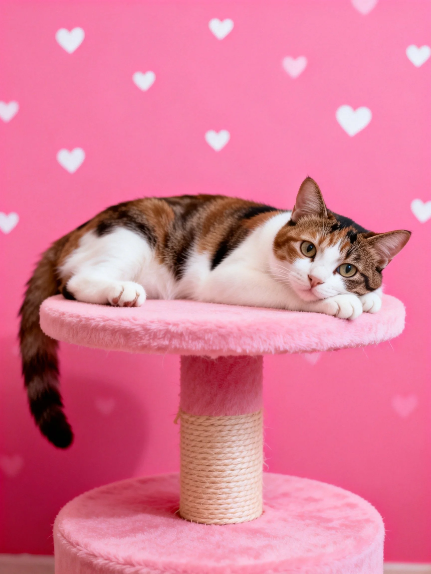 A calico cat relaxes on a pink two-level cat tree against a heart-patterned pink wall