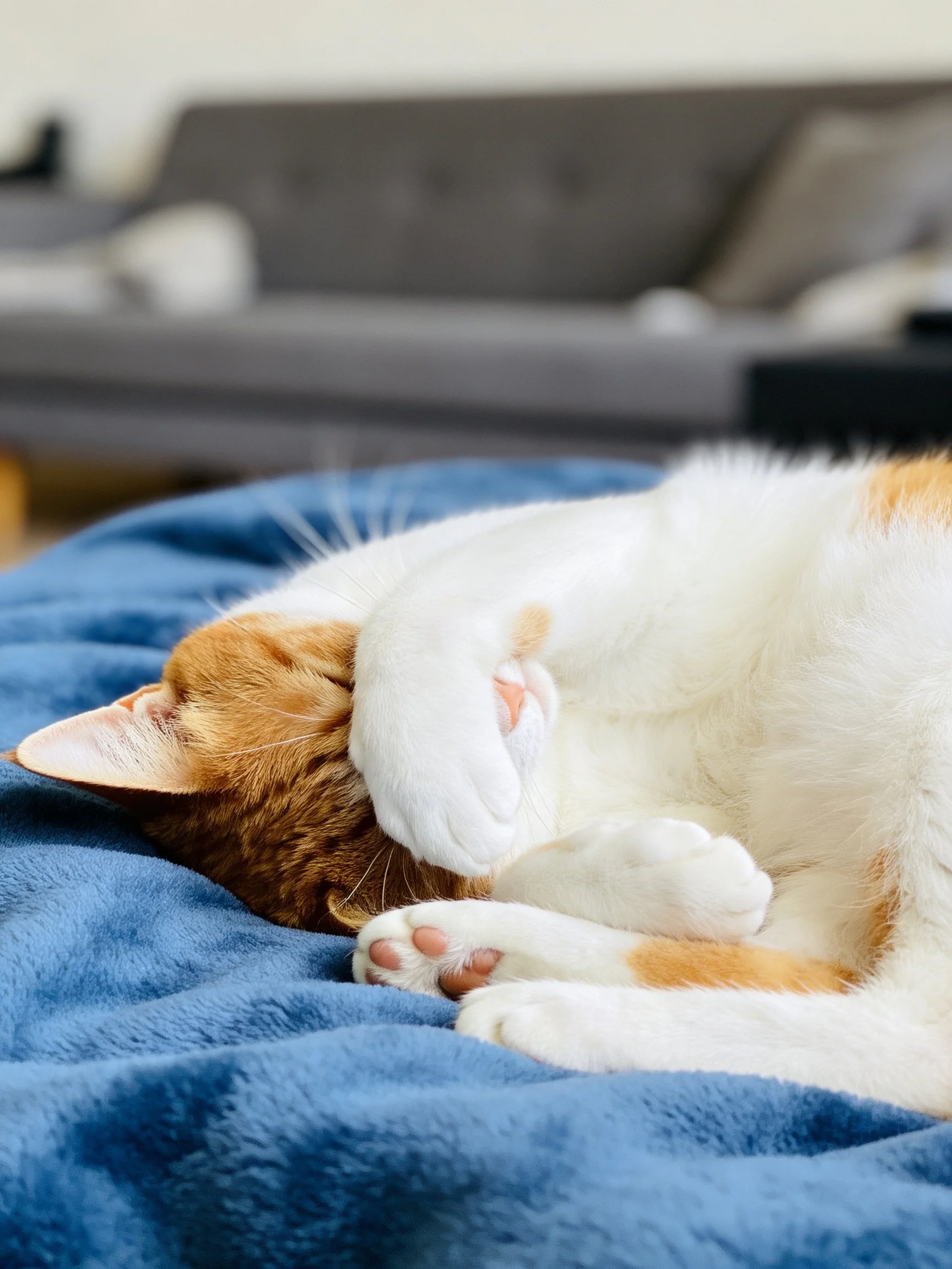 A calico cat rests on a plush blue blanket in a cozy room