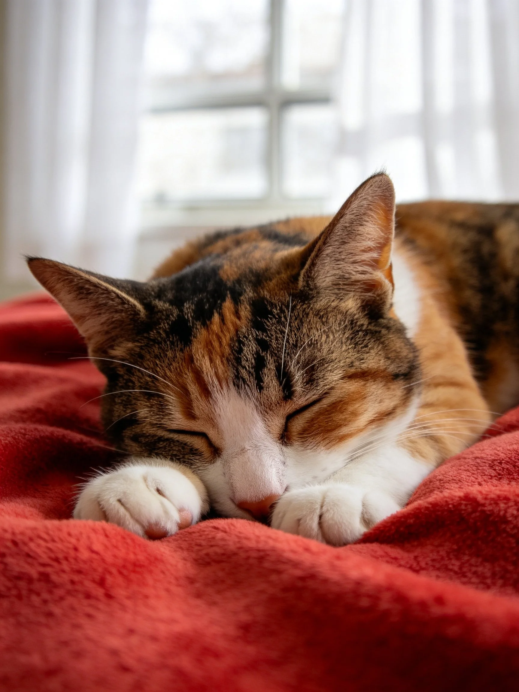 A calico cat rests on a plush red blanket near a bright window