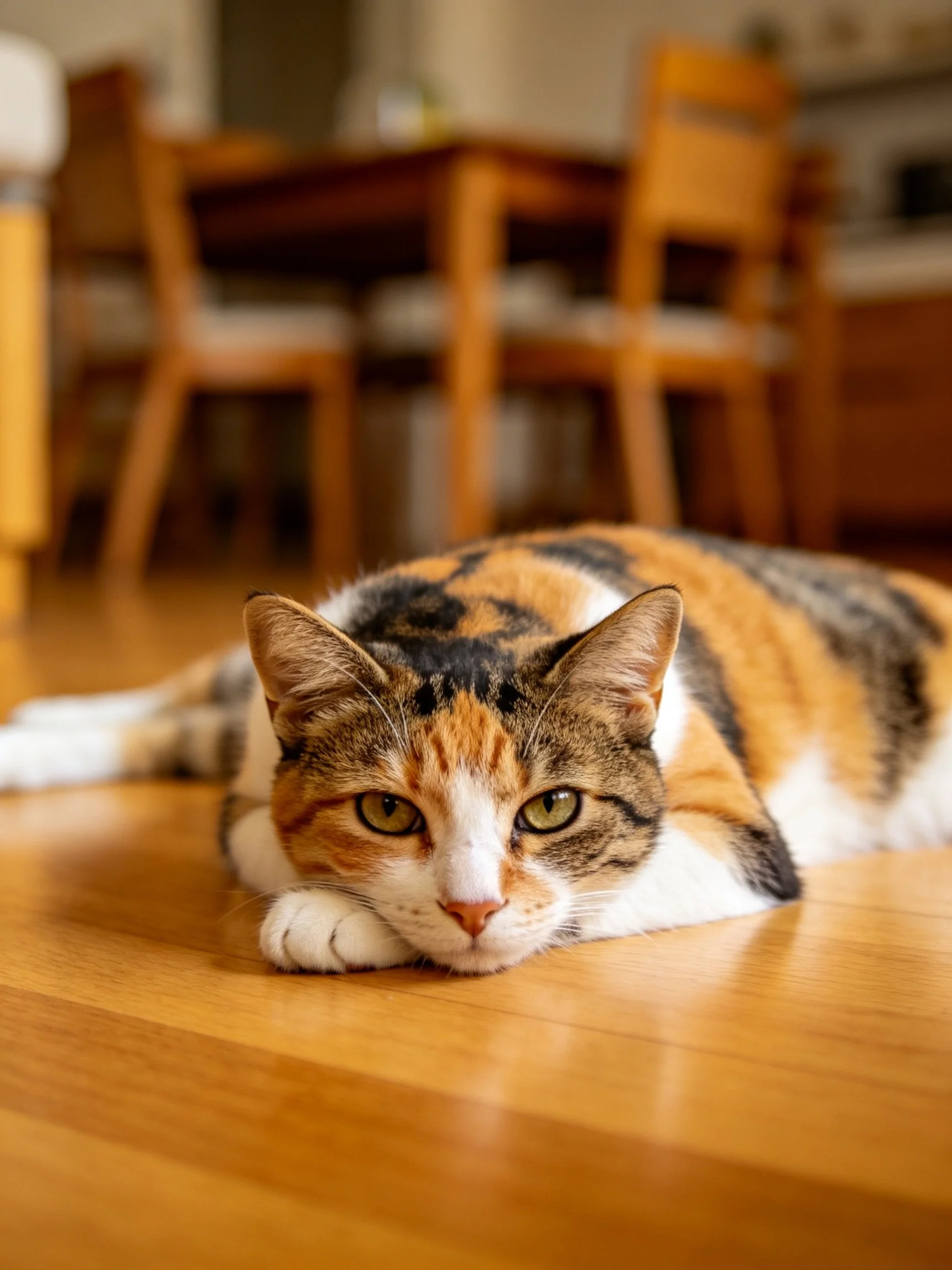 A calico cat rests on a polished wooden floor near dining chairs