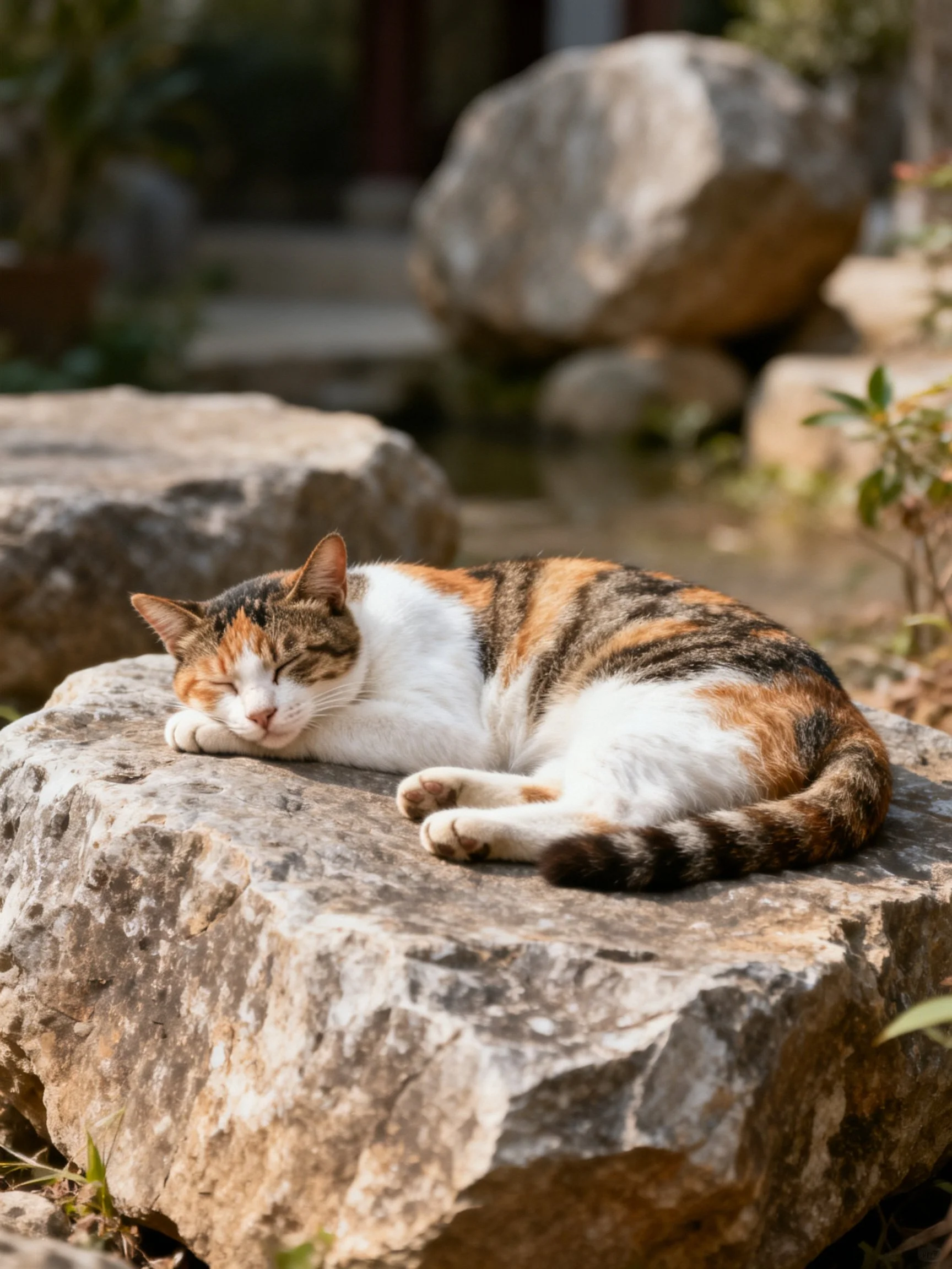 A calico cat rests on a weathered stone amid outdoor rocks