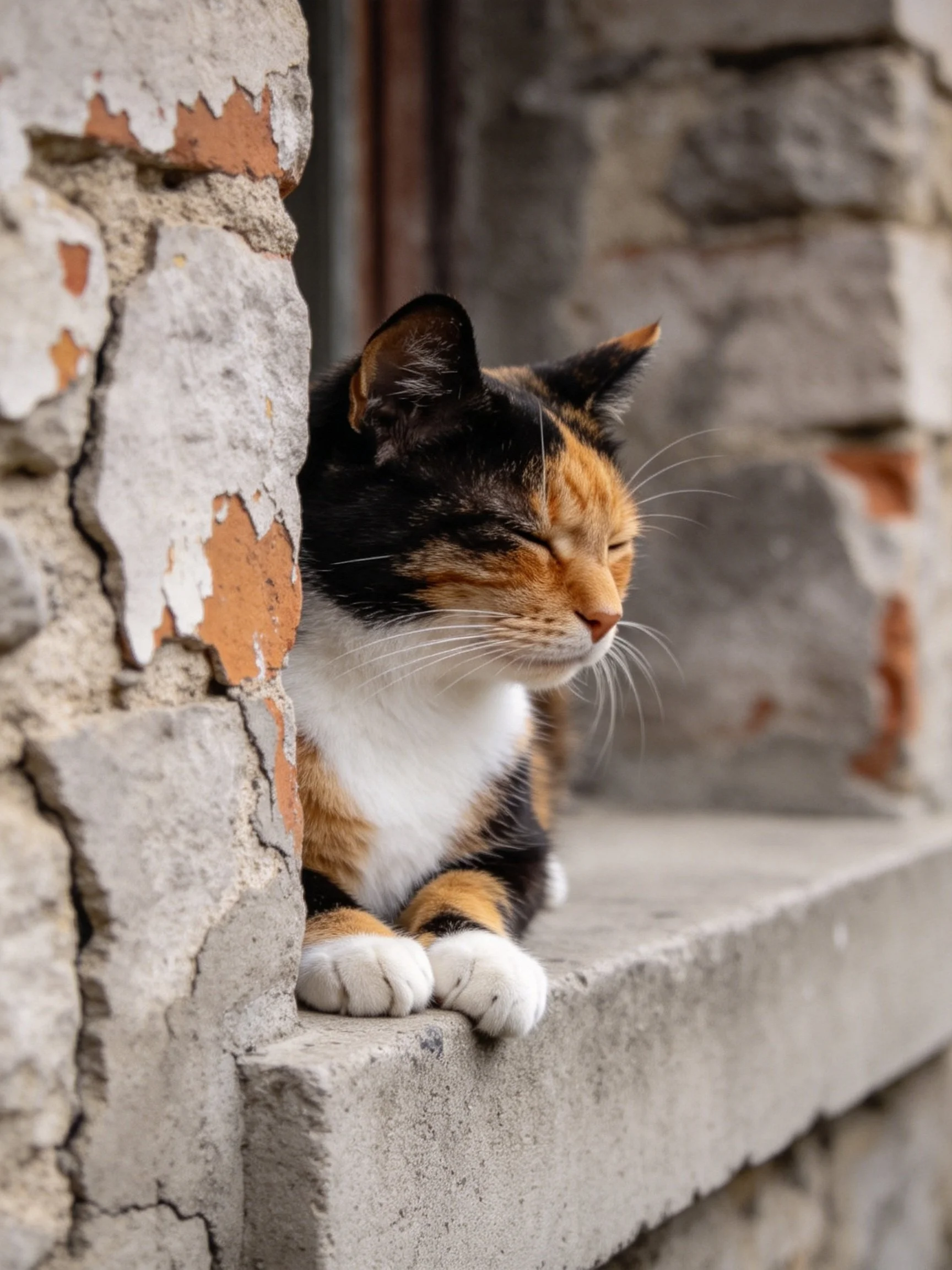 A calico cat rests on an aged stone windowsill near weathered bricks