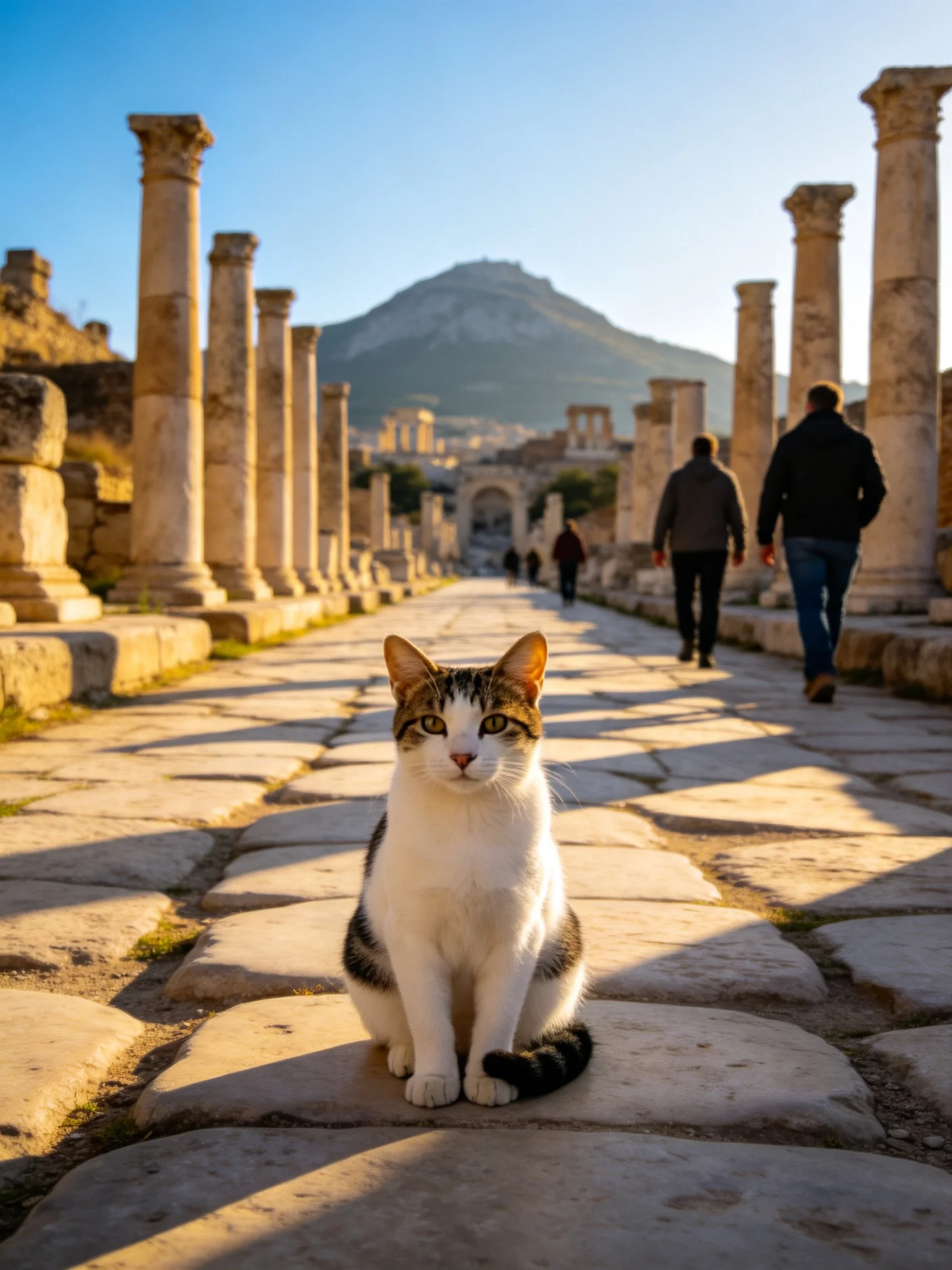 A calico cat rests on an ancient stone pathway near columns and visitors, with mountains in the distance.