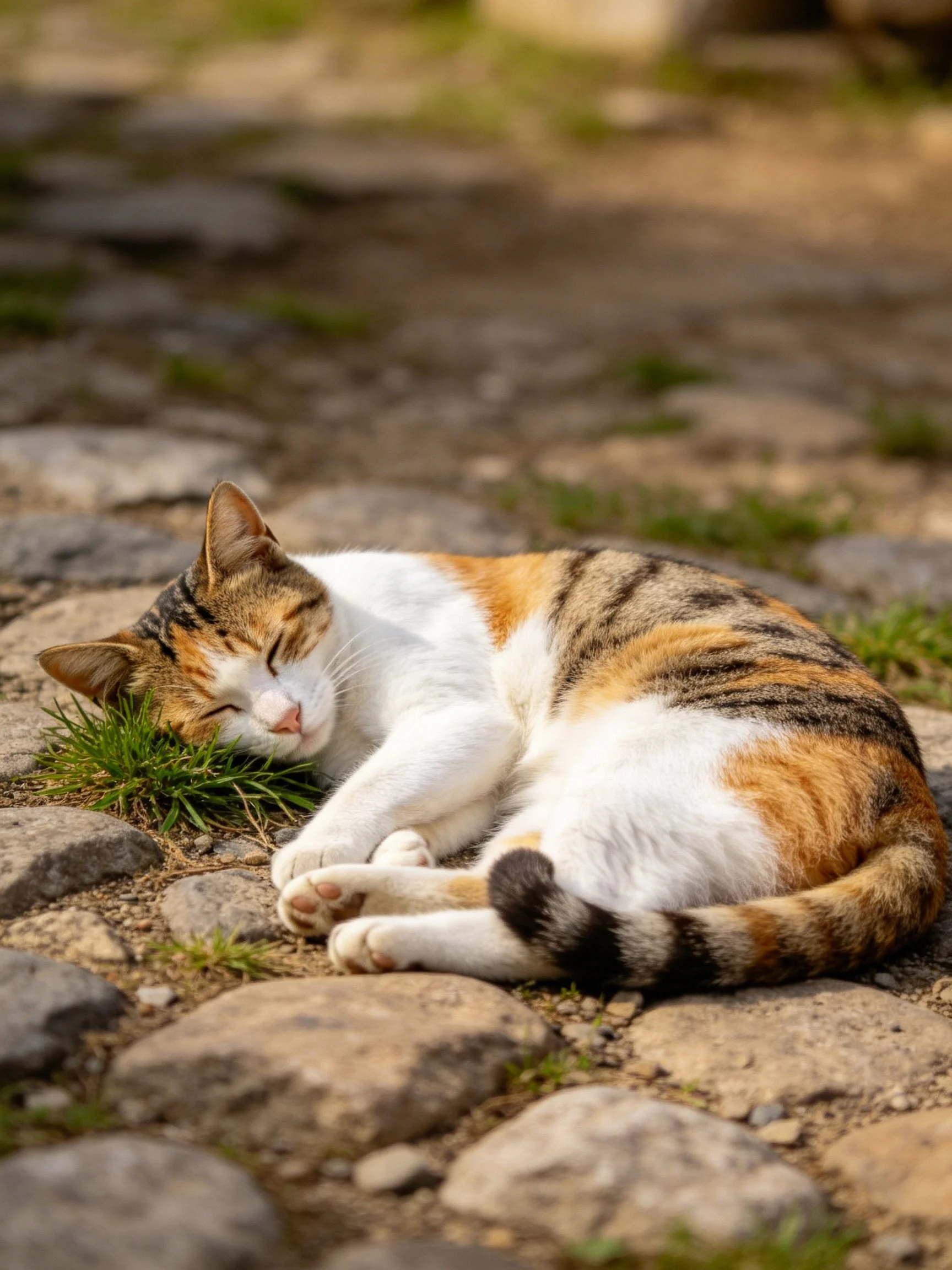 A calico cat relaxes on cobblestones beside small grass patches.