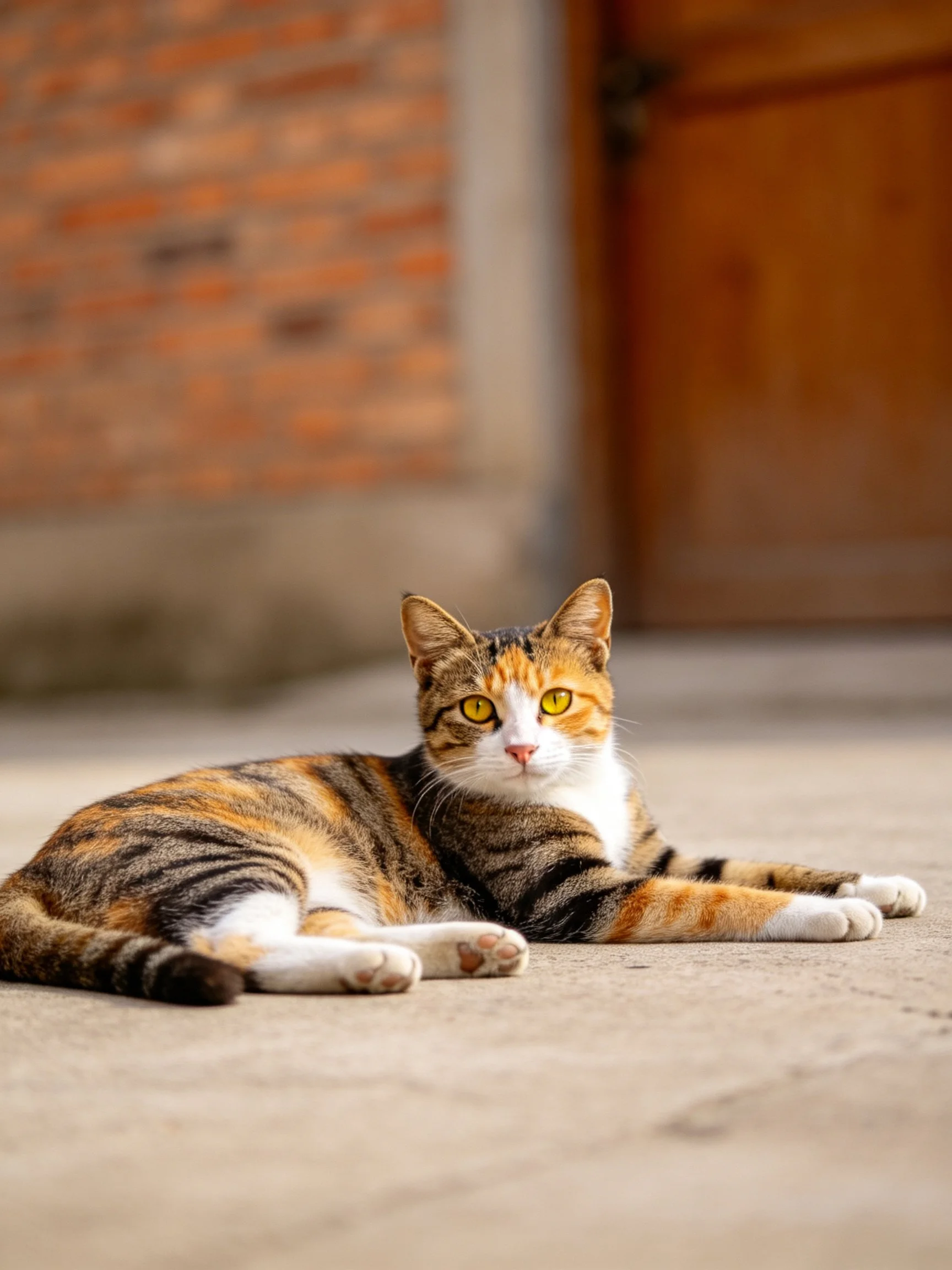 A calico cat rests on concrete near a brick wall and wooden door