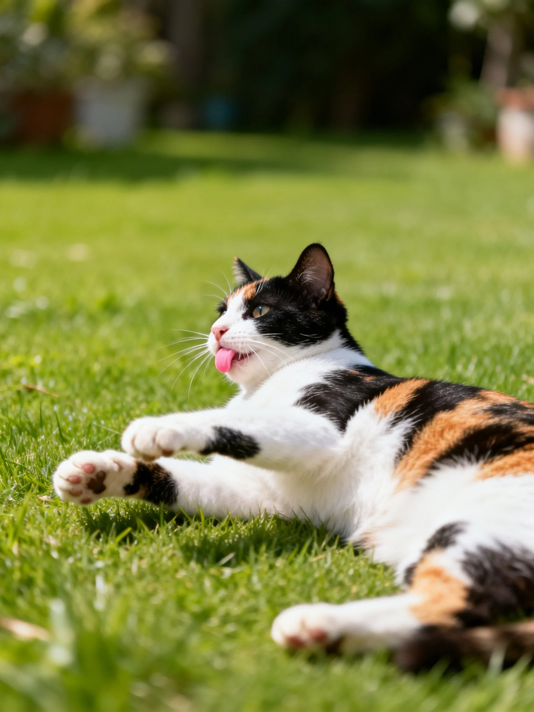 A calico cat relaxes on green grass in bright sunlight.