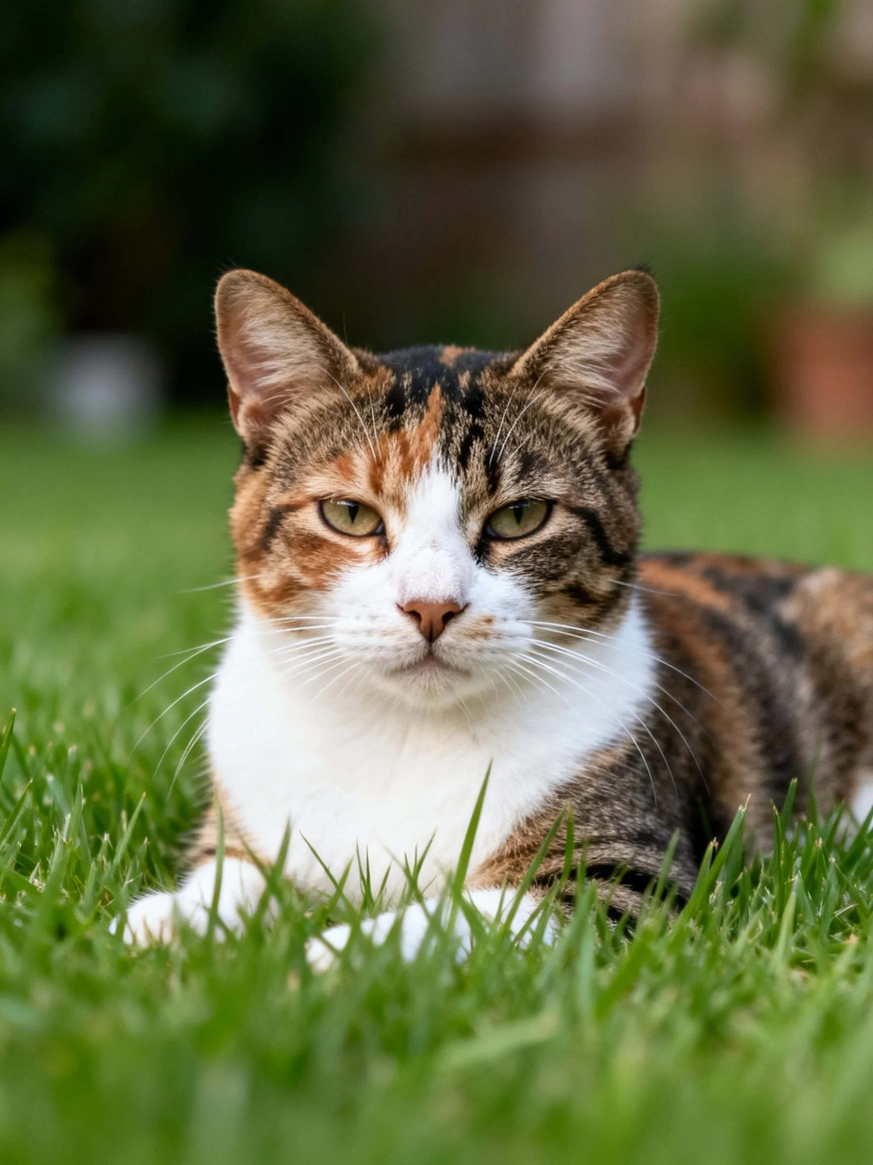 A calico cat lies calmly on green grass amidst a softly lit outdoor space.