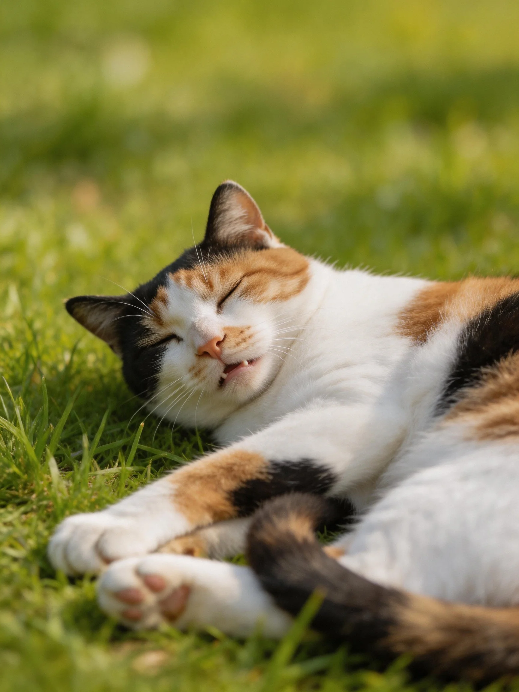 A calico cat rests on soft green grass