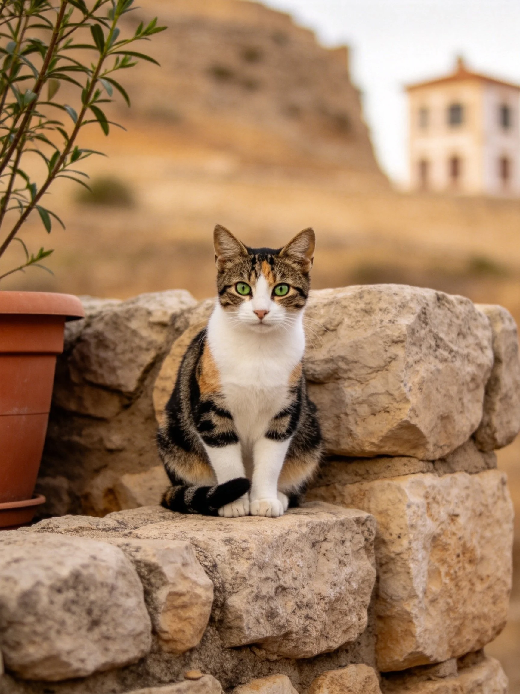 A calico cat rests on weathered stones beside a terracotta planter