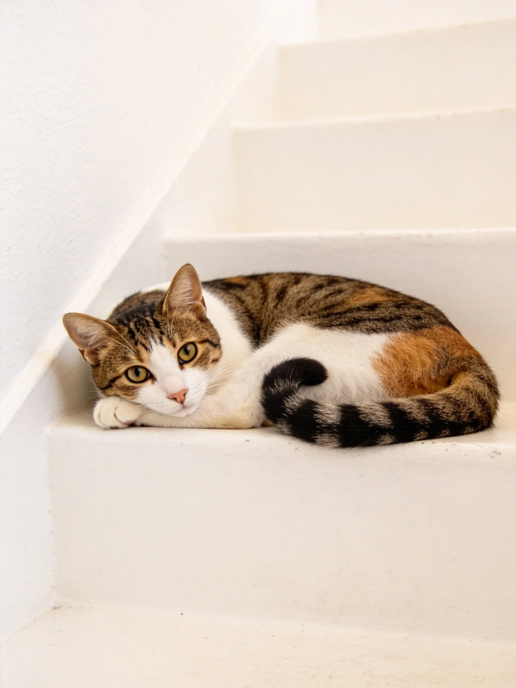 A calico cat relaxes on white staircase steps.