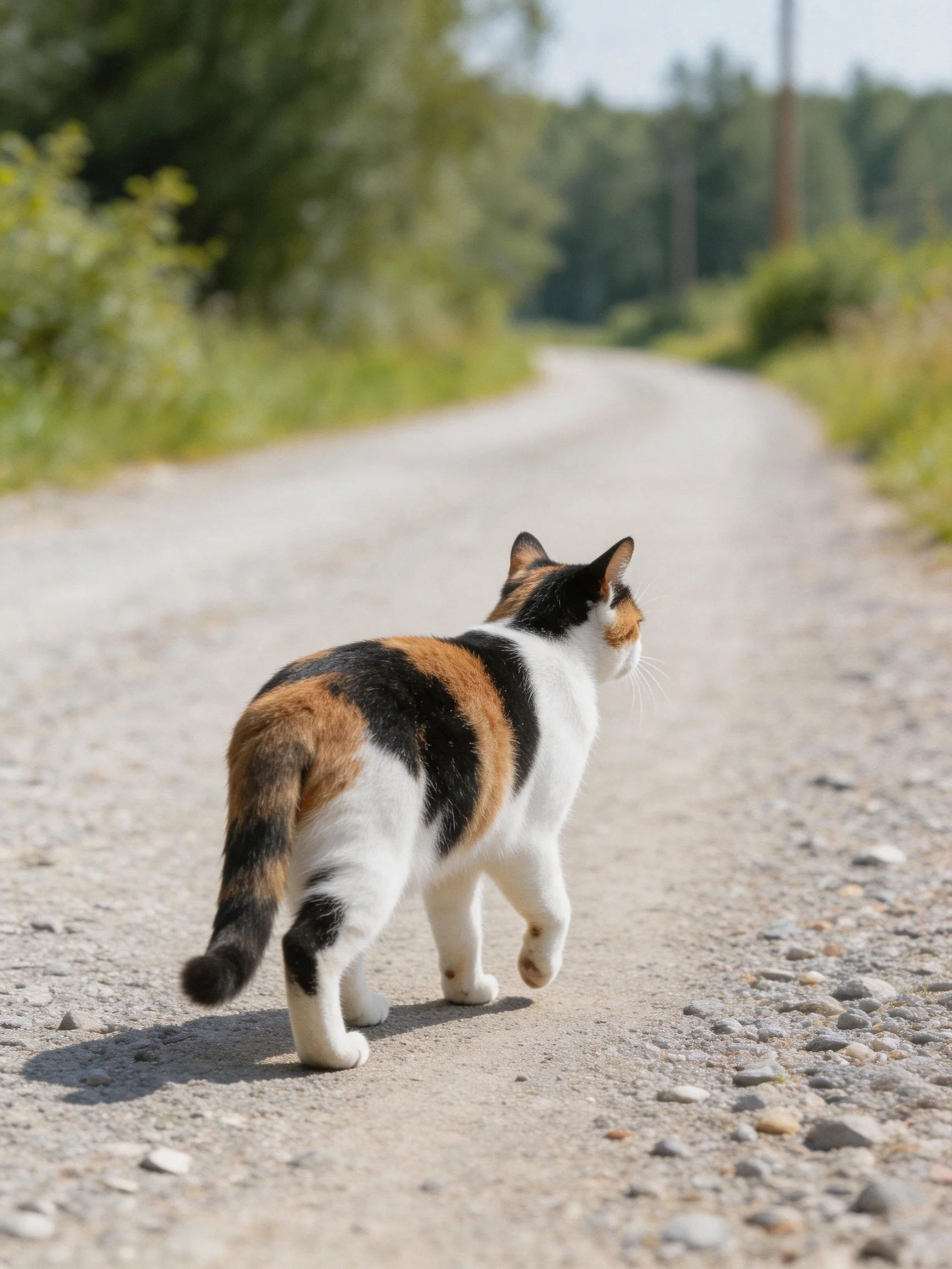 A calico cat roams a sun-drenched gravel road with green surroundings