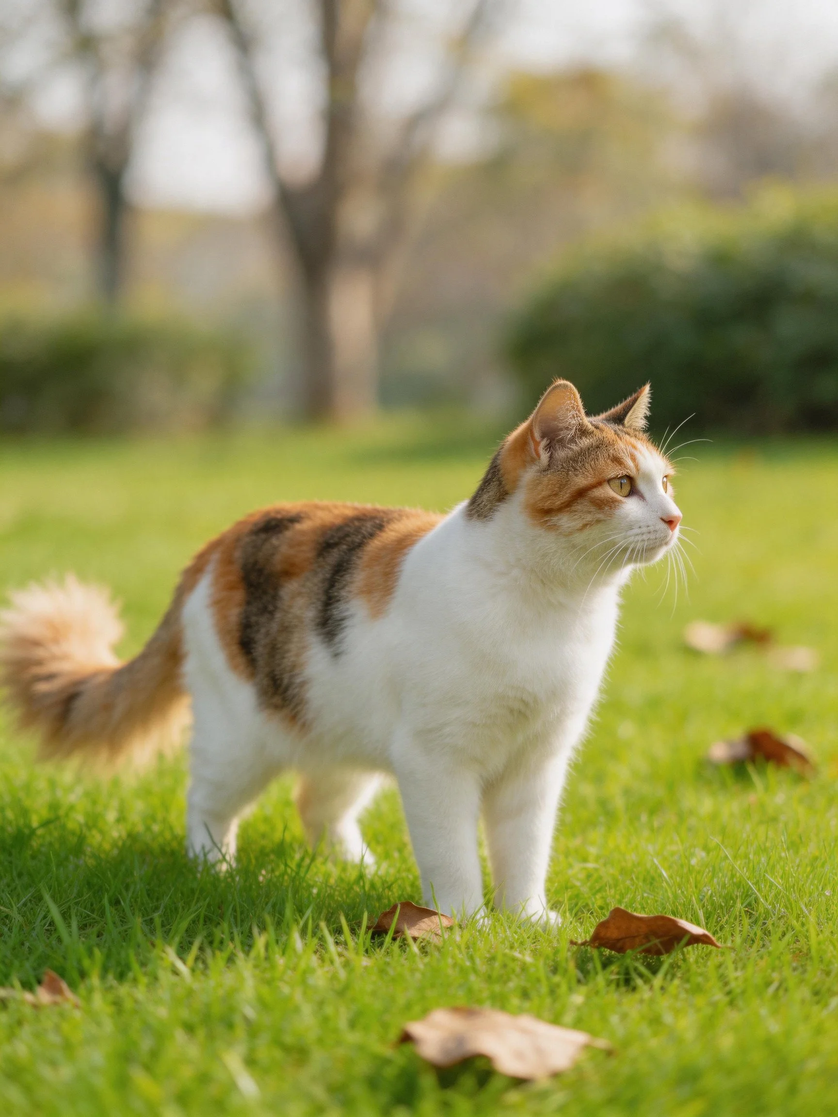 A calico cat roams a sunlit grassy field with scattered brown leaves