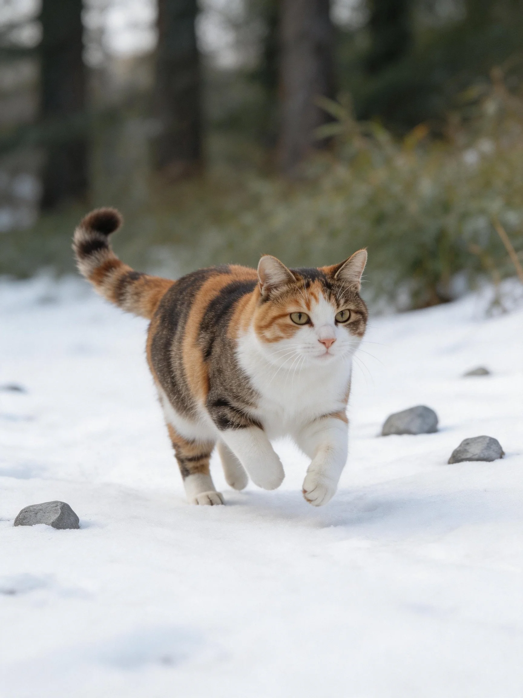 A calico cat runs through a snowy forest path