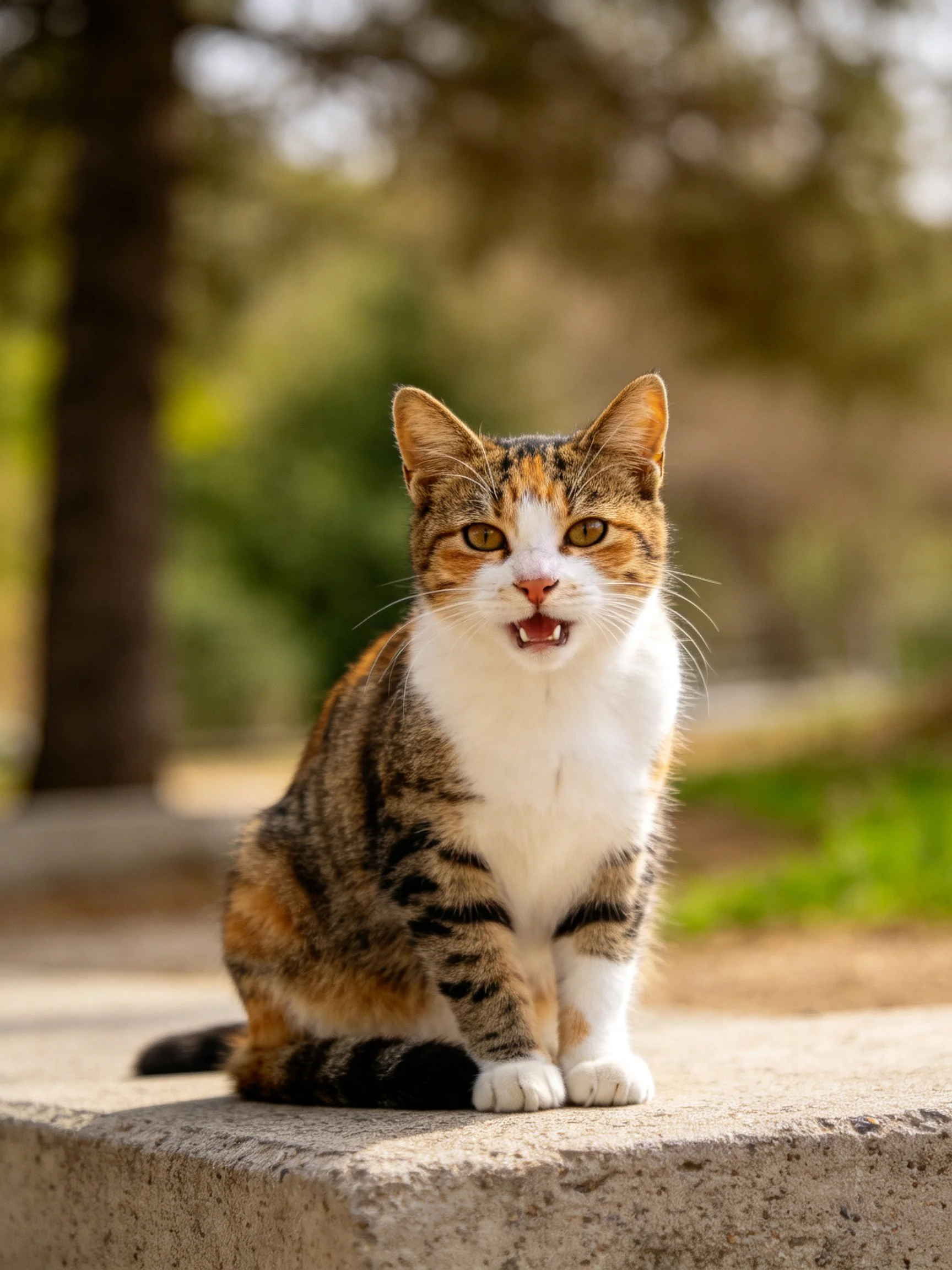 A calico cat sits alertly on a stone ledge in a sunlit park