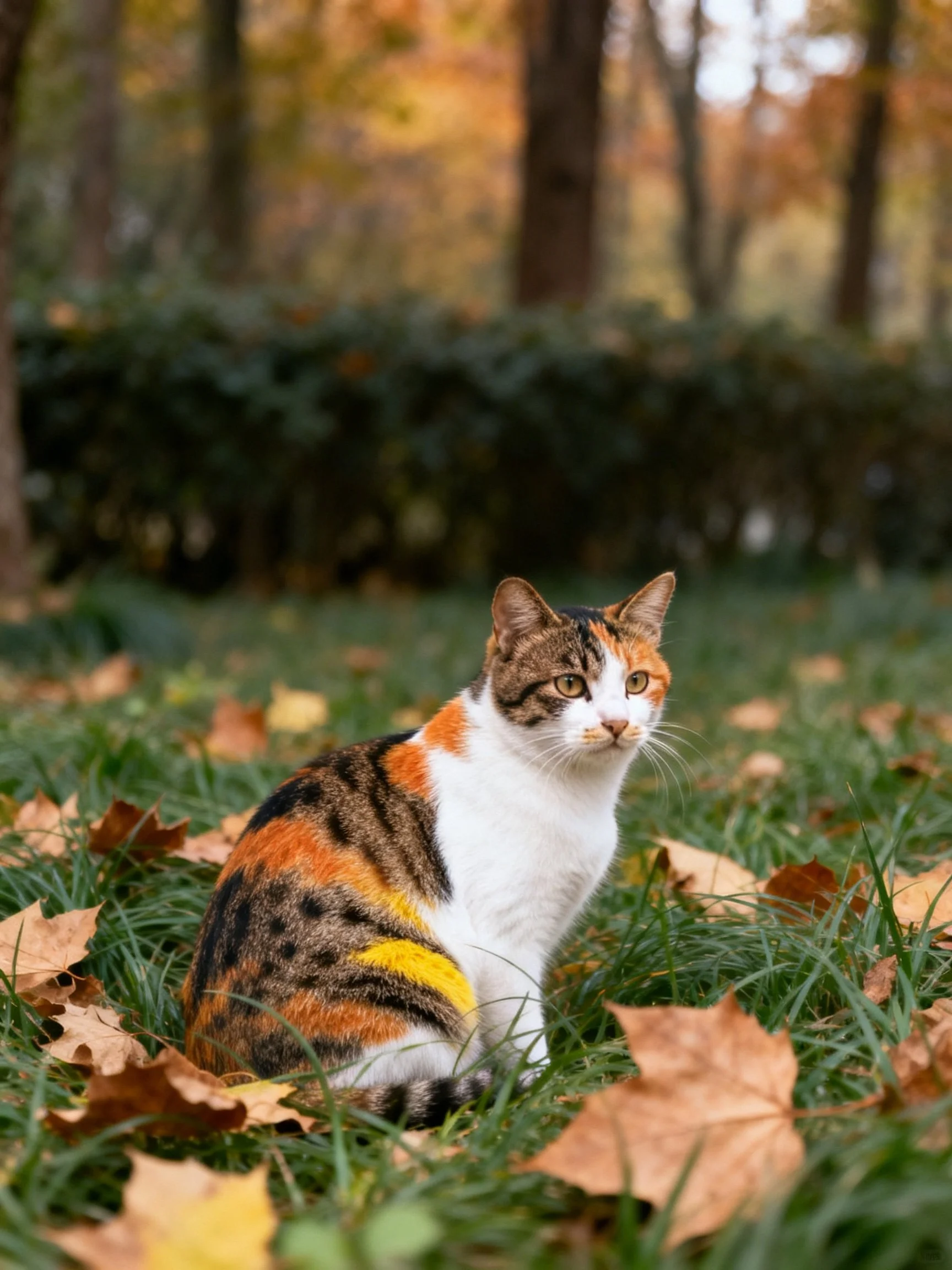 A calico cat sits amid fallen autumn leaves in a wooded park