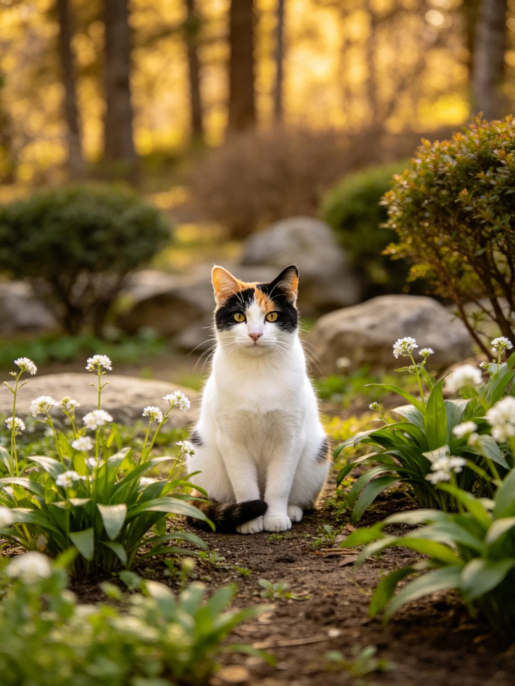 A calico cat sits amid flowers, rocks, and greenery in a sunlit forest
