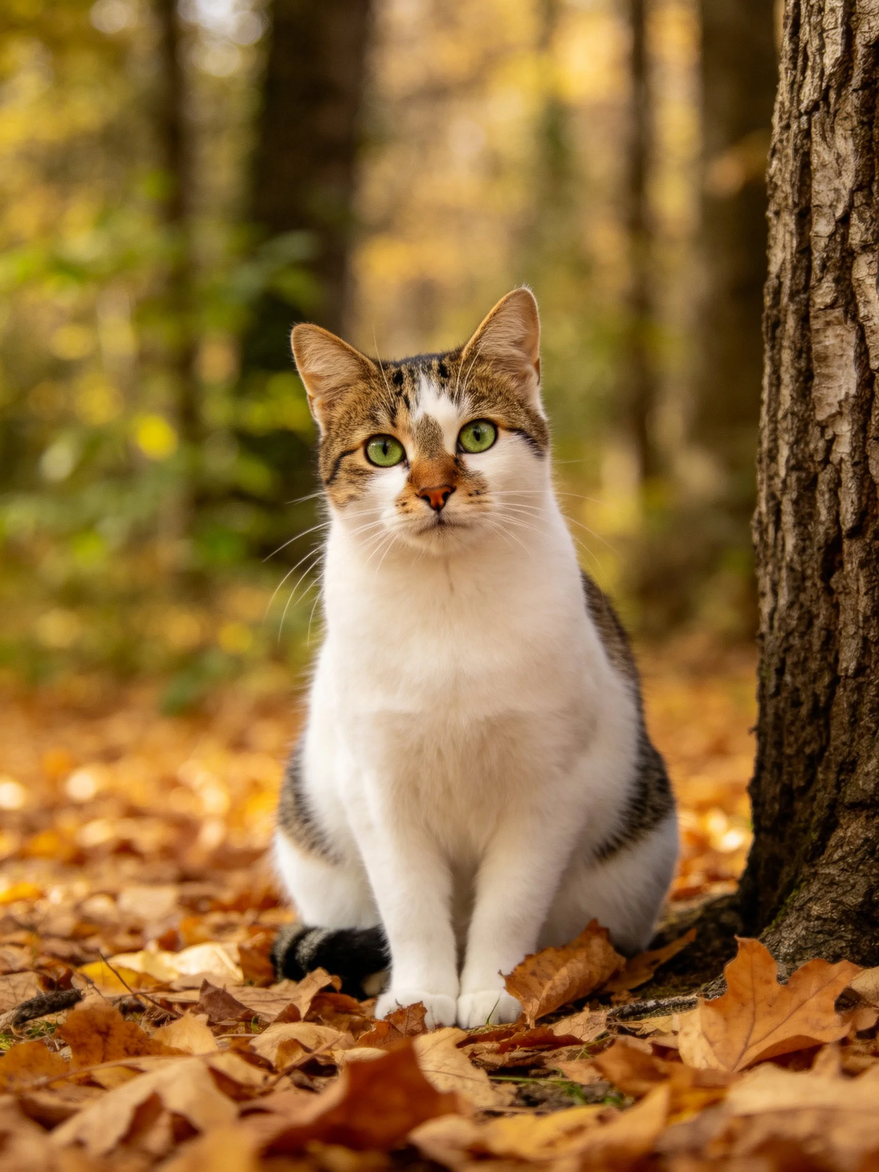 A calico cat sits calmly among fallen autumn leaves next to a tree.