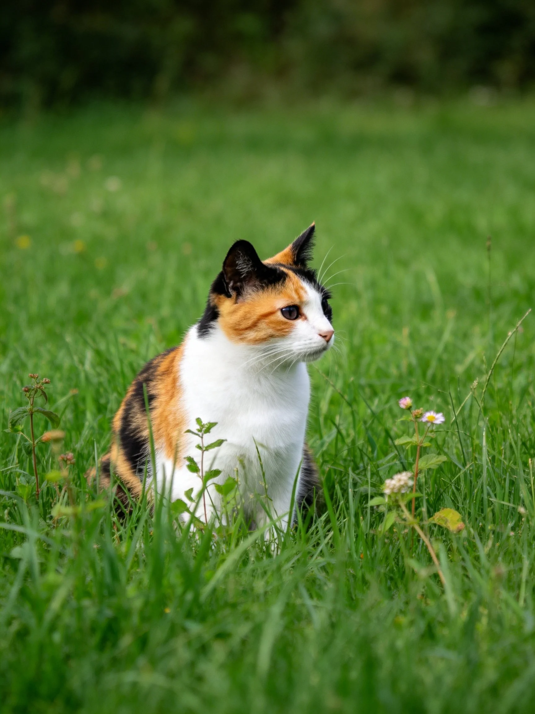 A calico cat sits in lush green grass among nature.