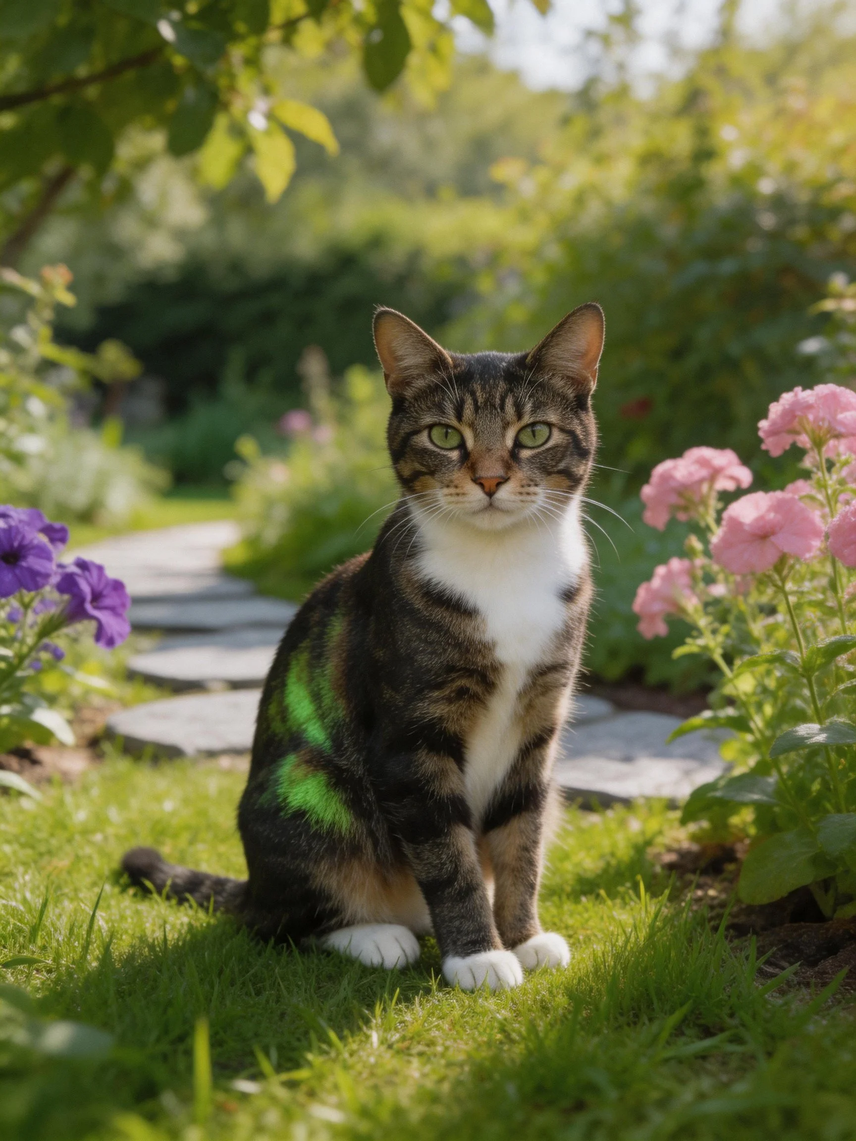 A calico cat sits among flowers in a sunlit garden.