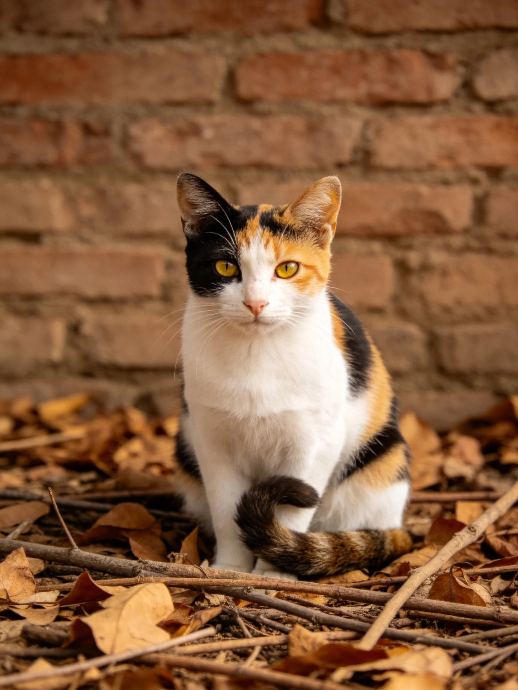 A calico cat sits among fallen leaves near a rustic brick wall