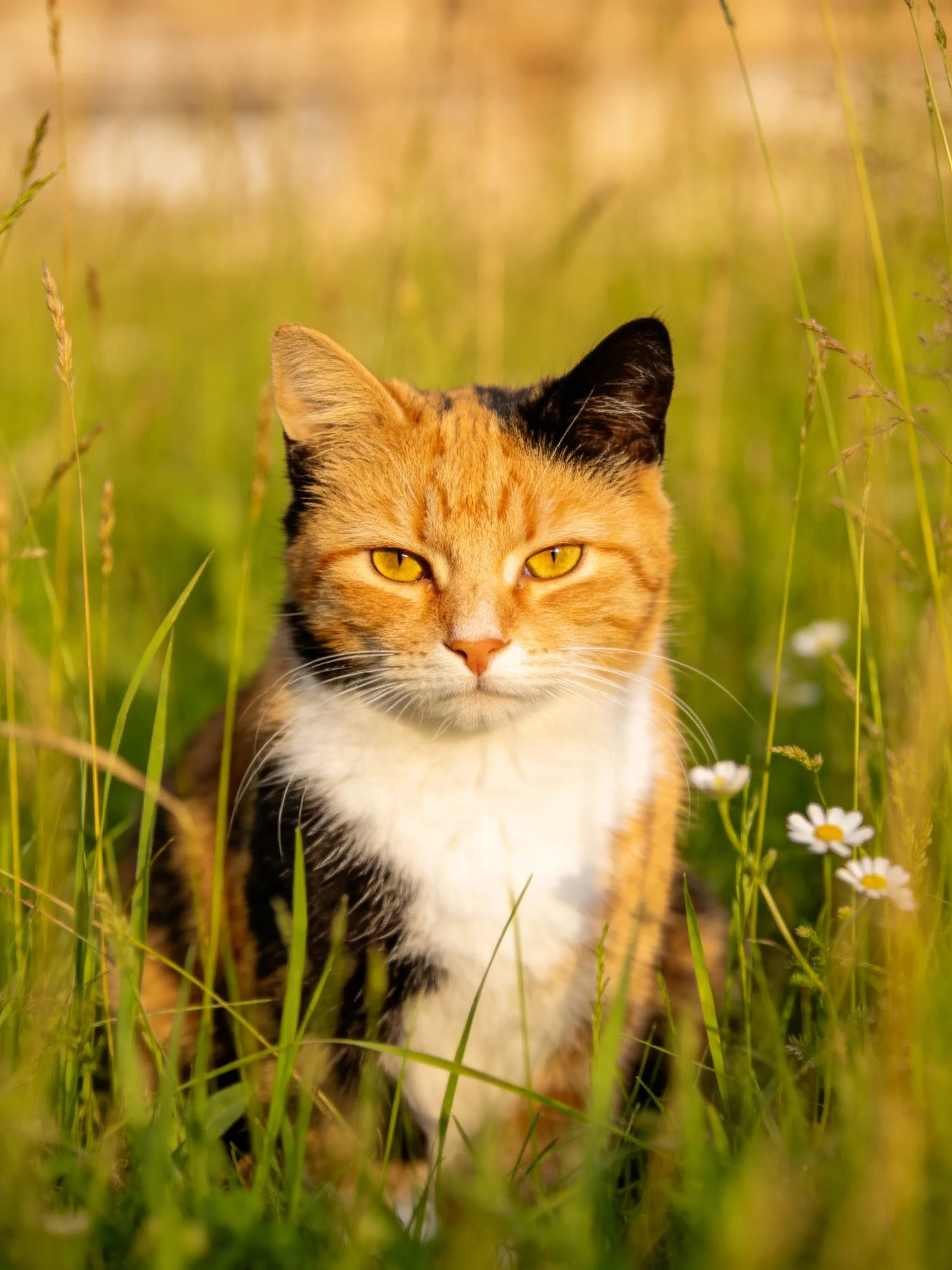 A calico cat sits among tall green grass with small white flowers