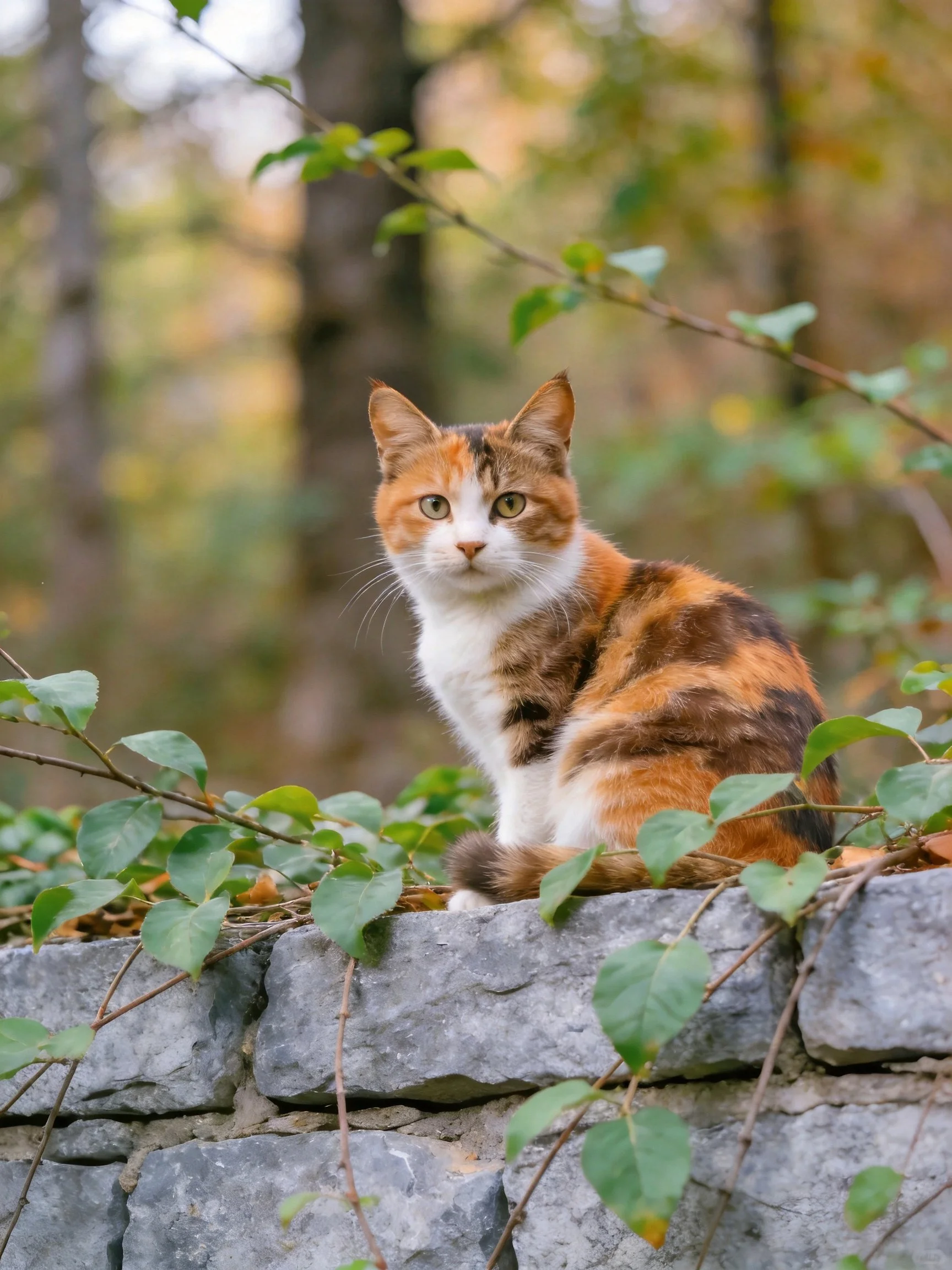 A calico cat sits atop a gray stone wall among green foliage