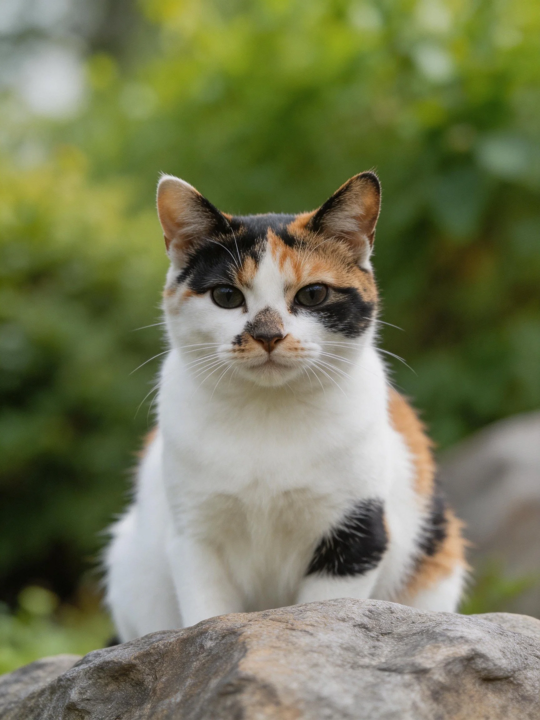 A calico cat sits atop a large rock near lush green foliage
