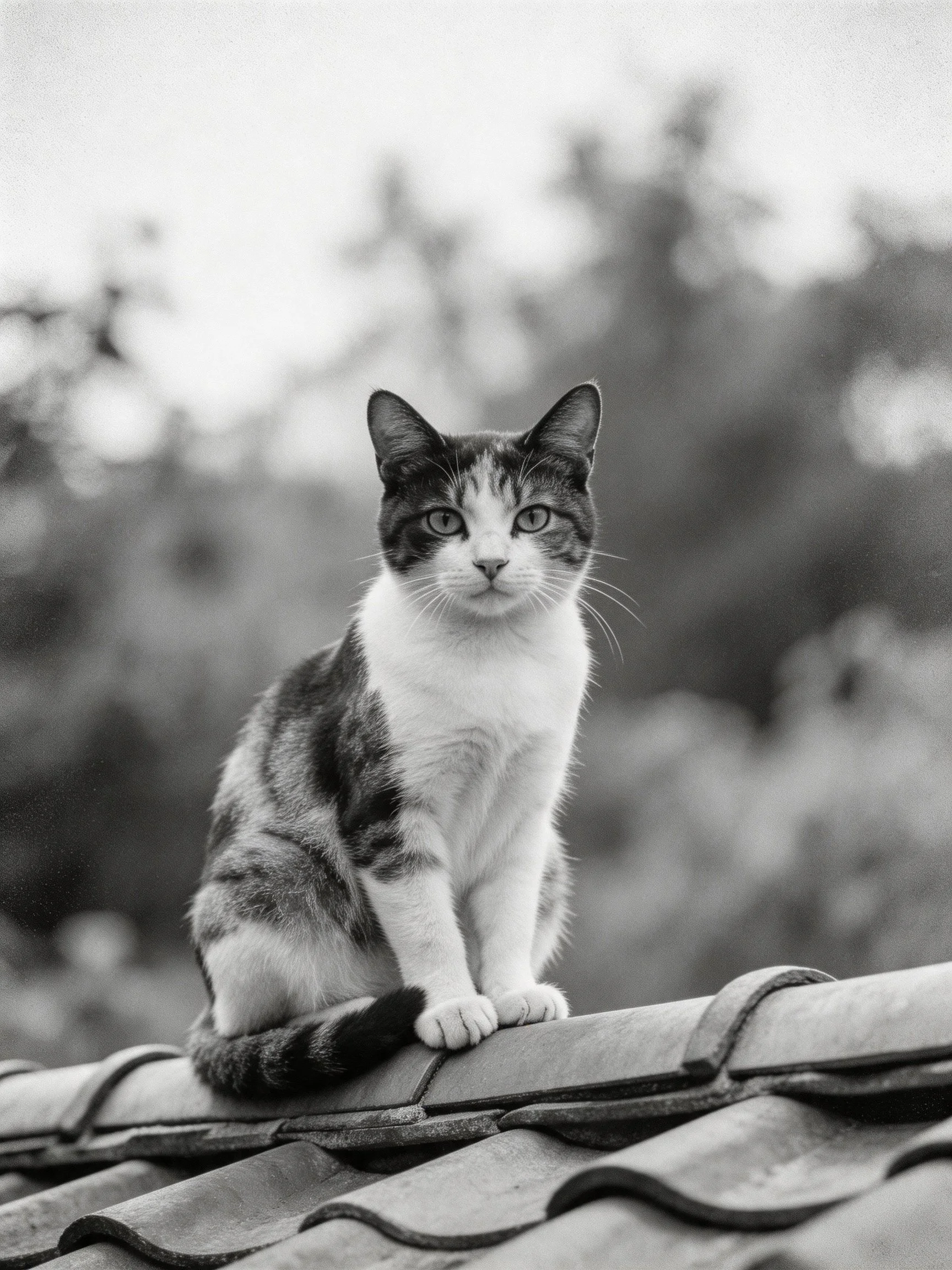 A calico cat sits atop a tiled roof in black and white