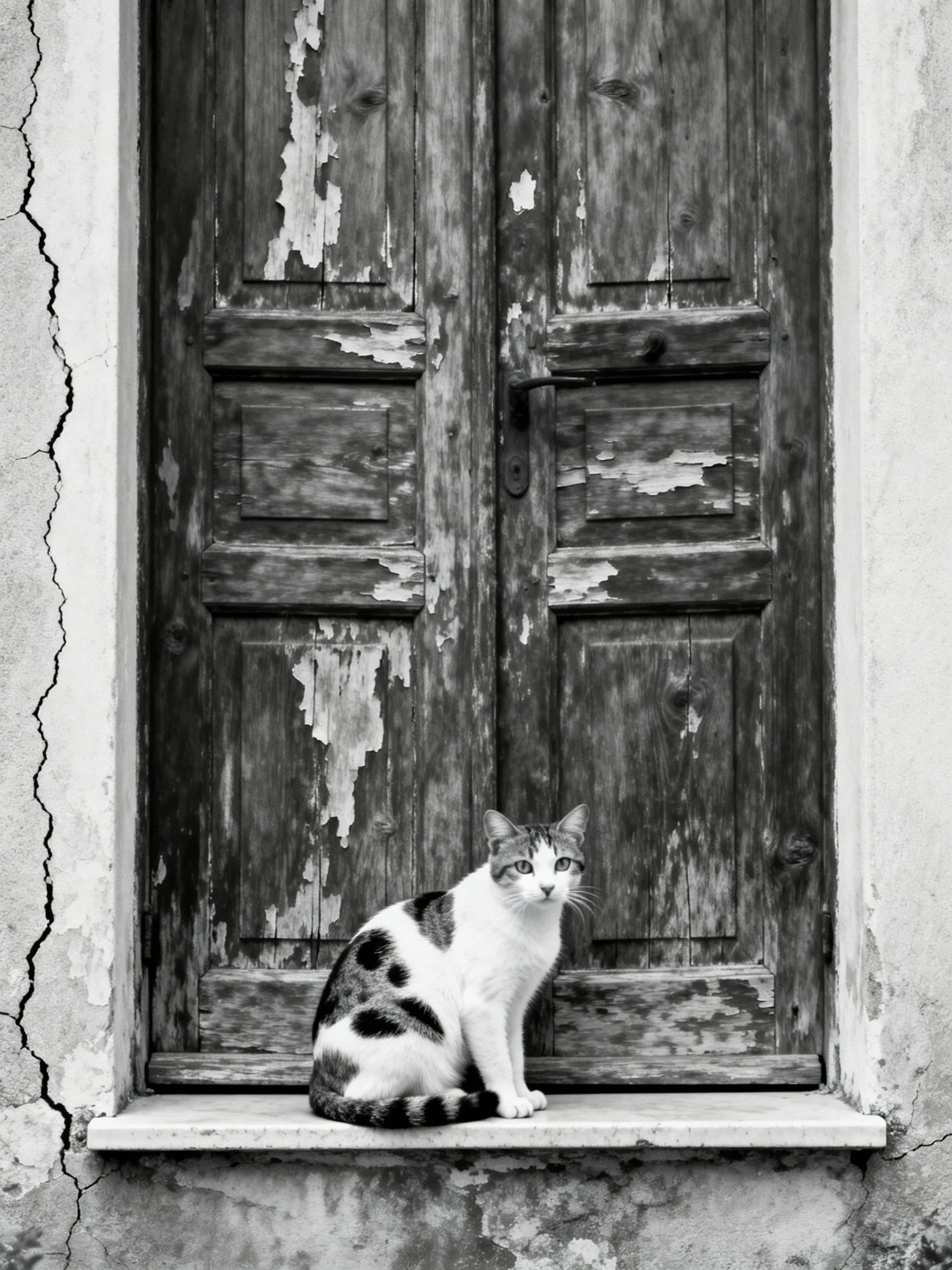 A calico cat sits before a weathered, peeling wooden door
