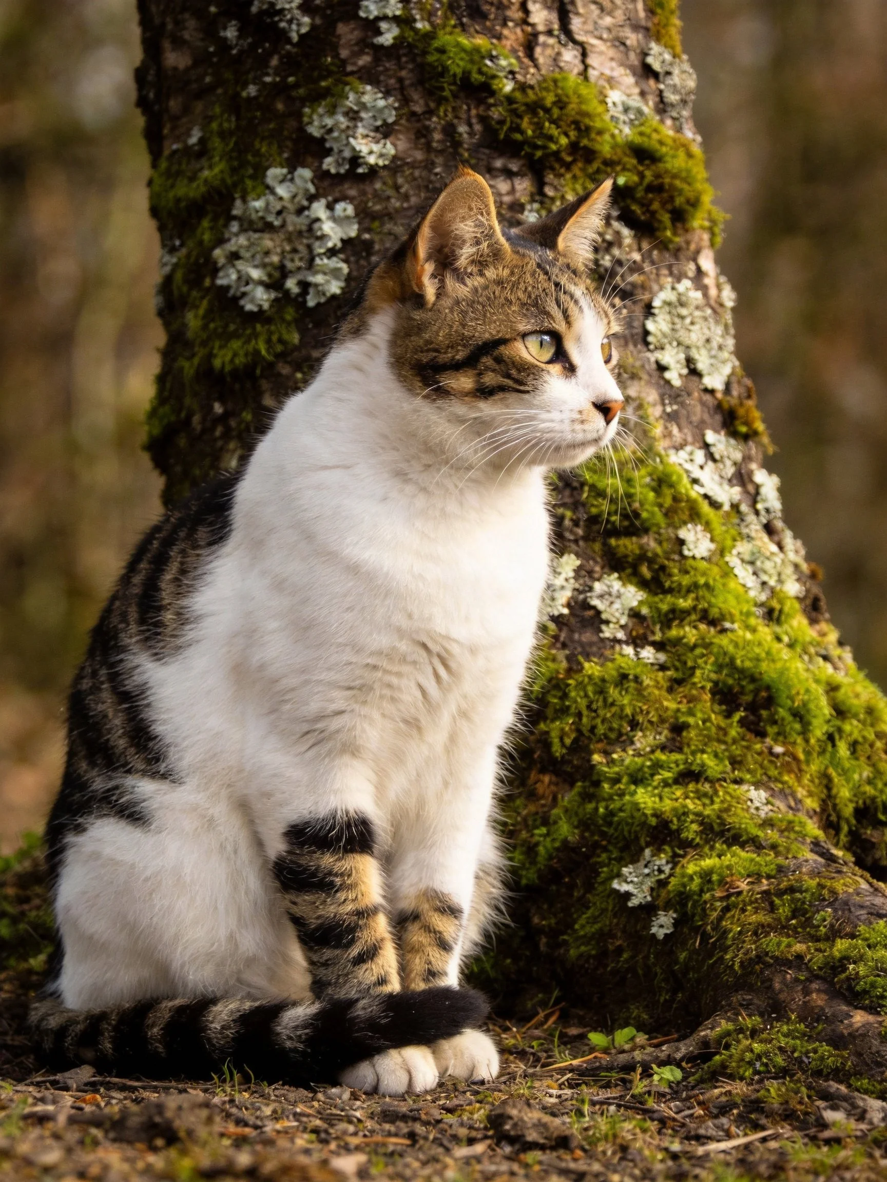 A calico cat sits beside a moss-covered lichen-dotted tree trunk