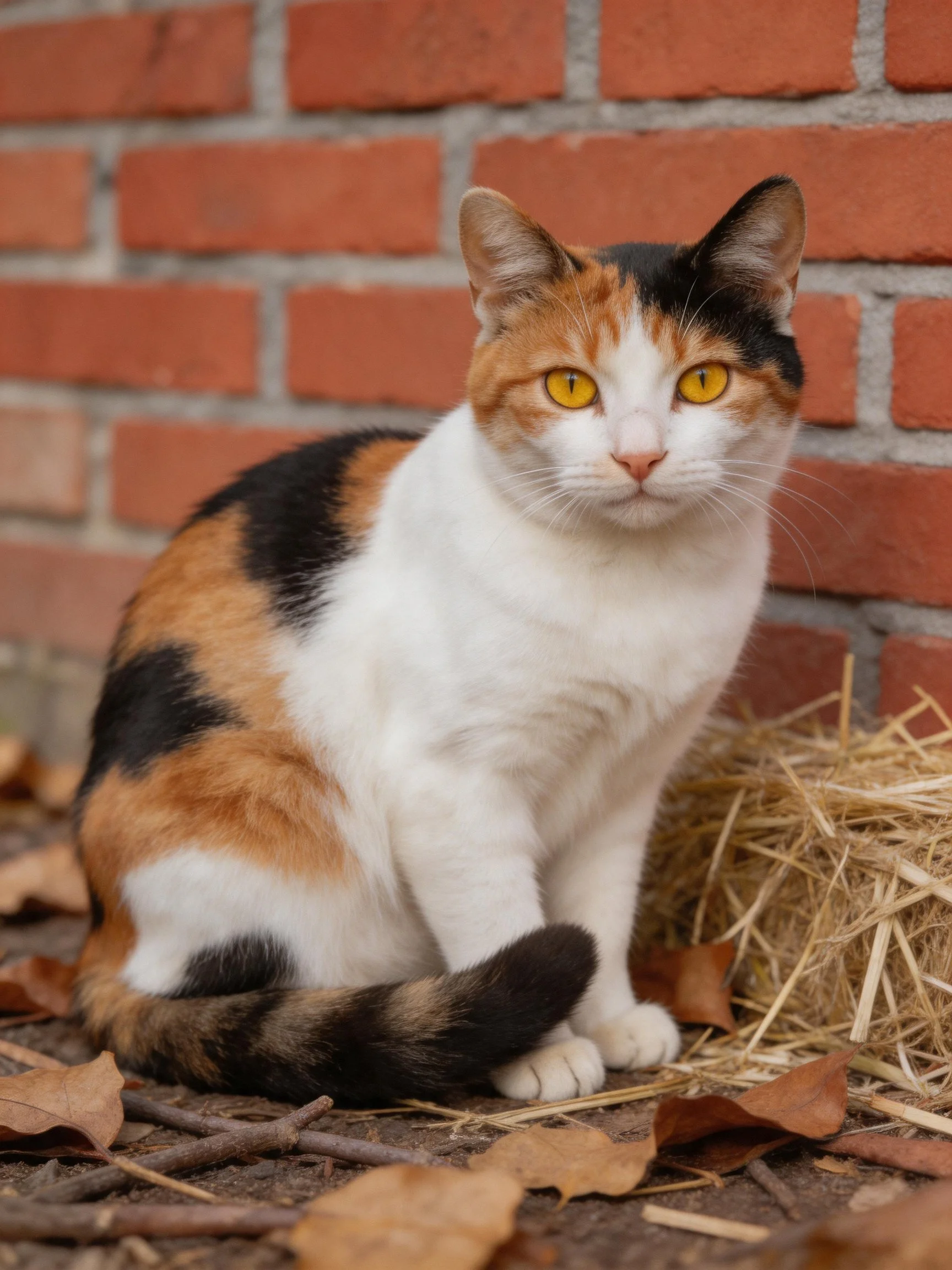 A calico cat sits beside a red brick wall with straw and autumn leaves
