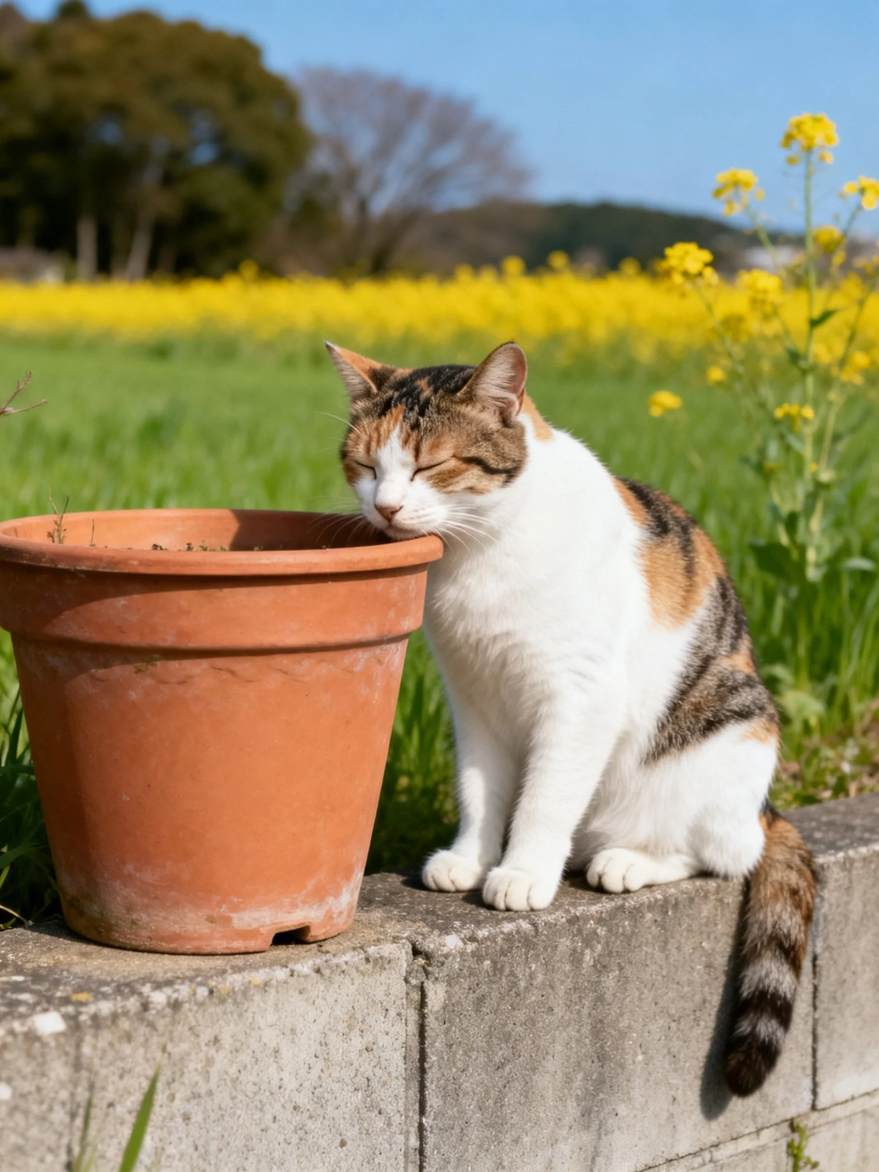 A calico cat sits beside a terracotta pot in a sunny flower field