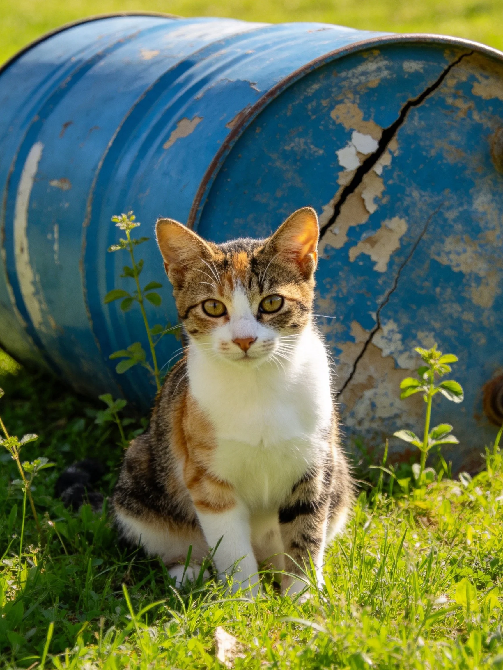 A calico cat sits beside an aged blue barrel in lush green grass