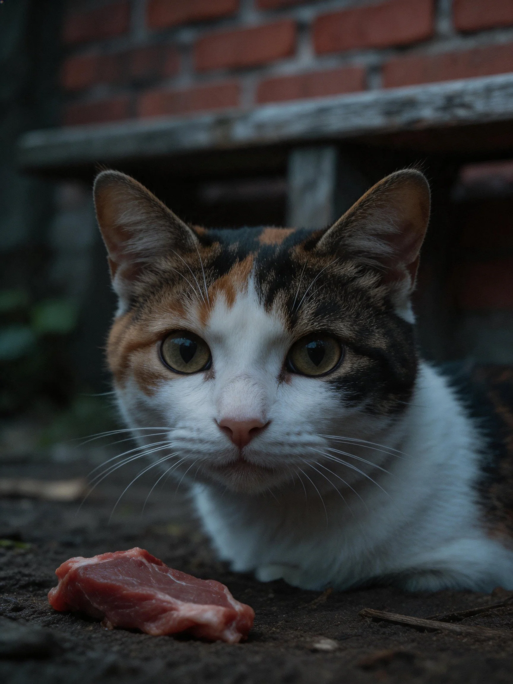 A calico cat sits beside raw meat near a red brick structure