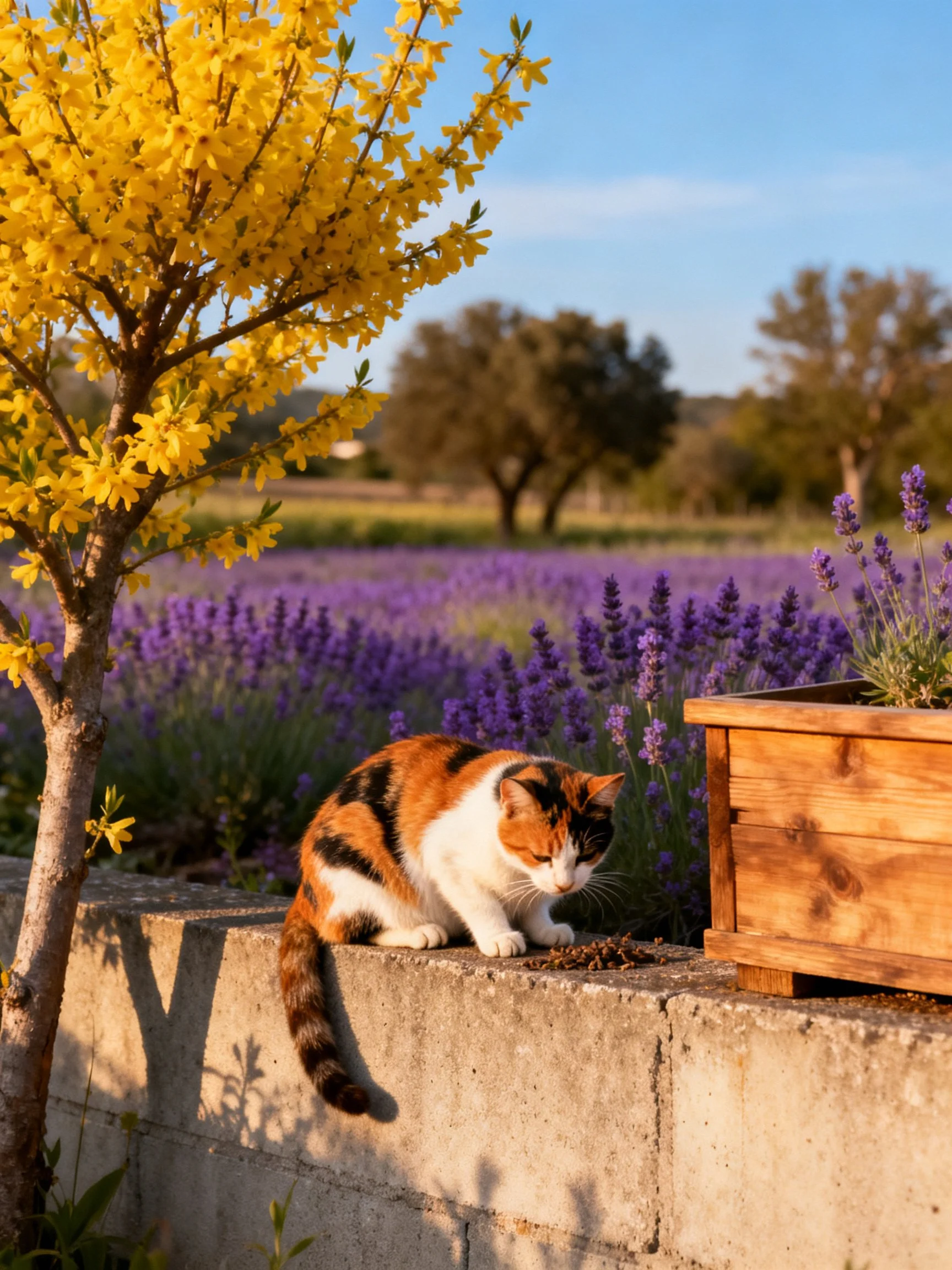 A calico cat sits beside yellow forsythia and purple lavender fields