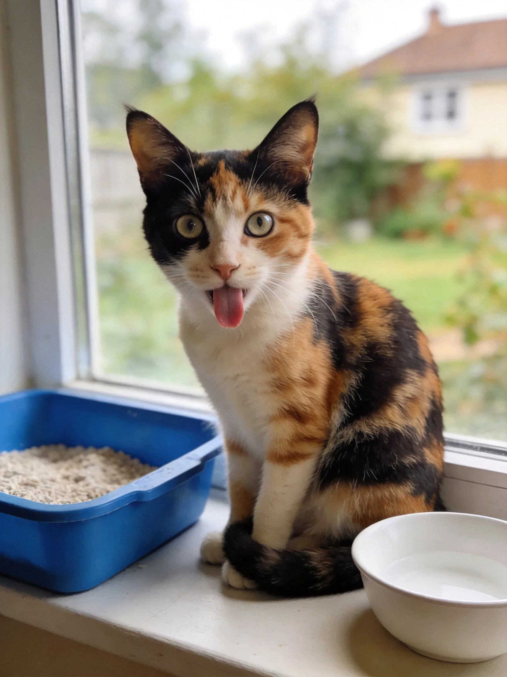 A calico cat sits beside a blue litter box and white bowl near a window.