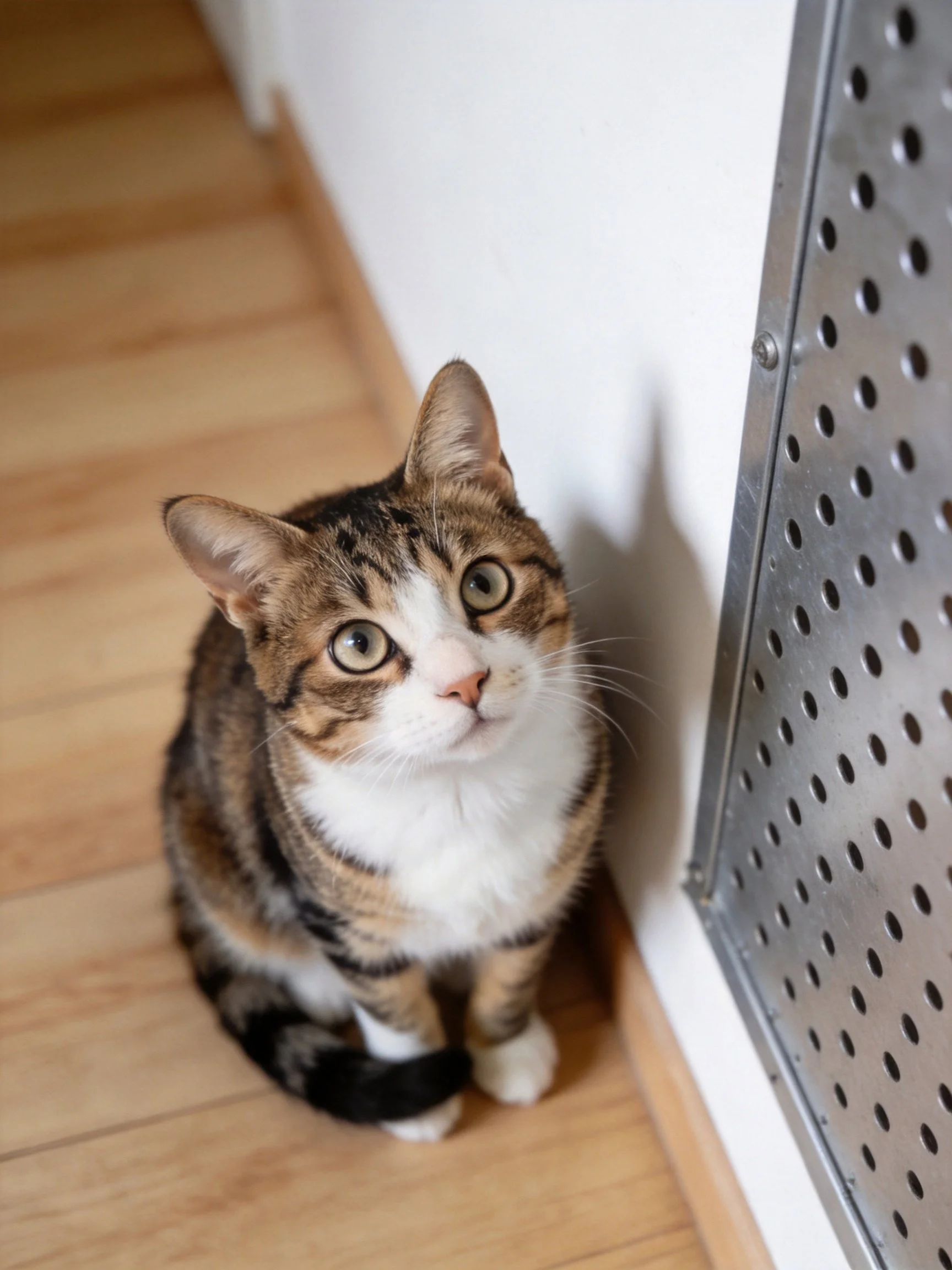 A calico cat sits by a white wall next to a perforated metal panel on wooden flooring