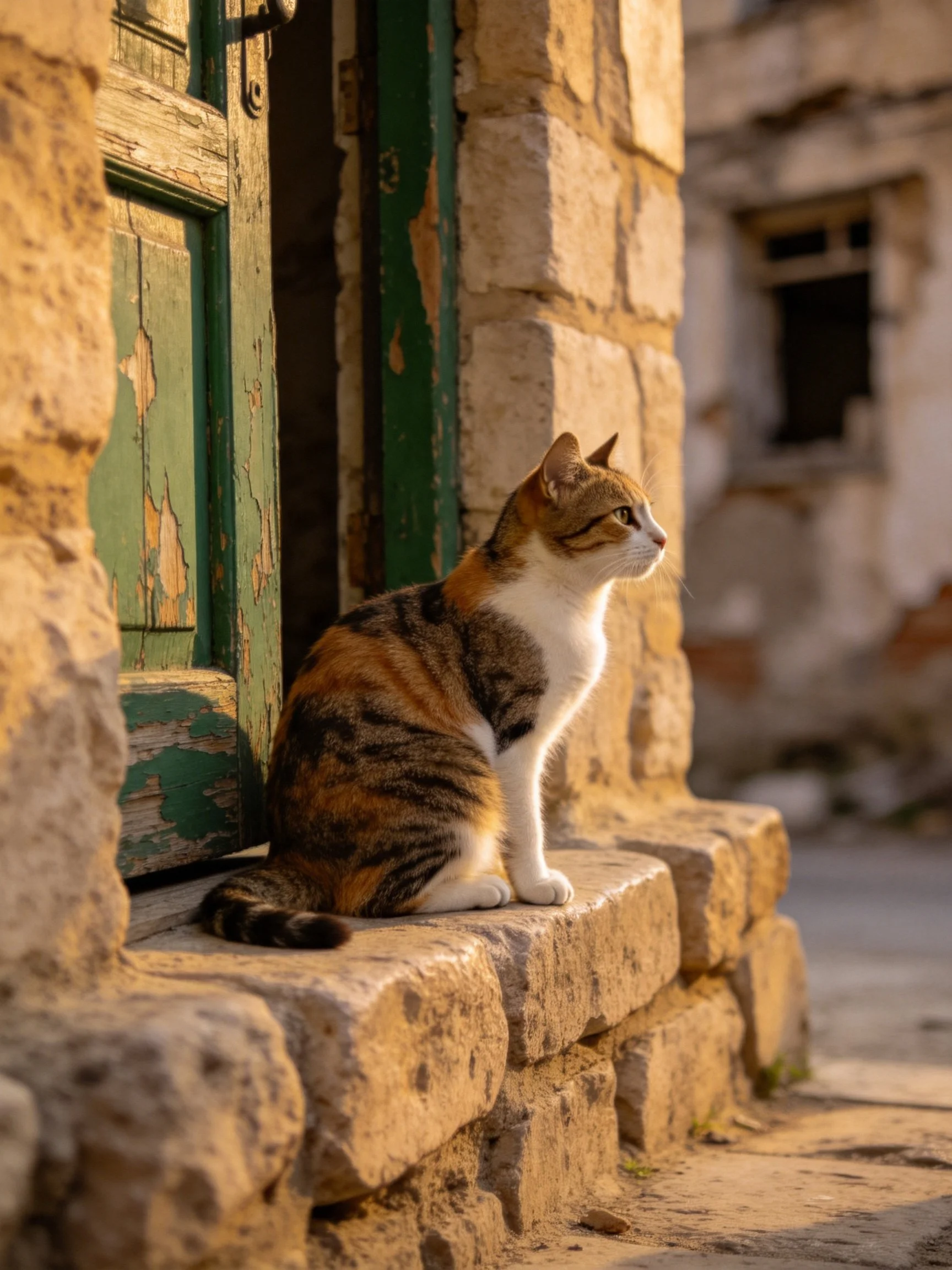 A calico cat rests near a weathered stone doorway in soft, golden light.