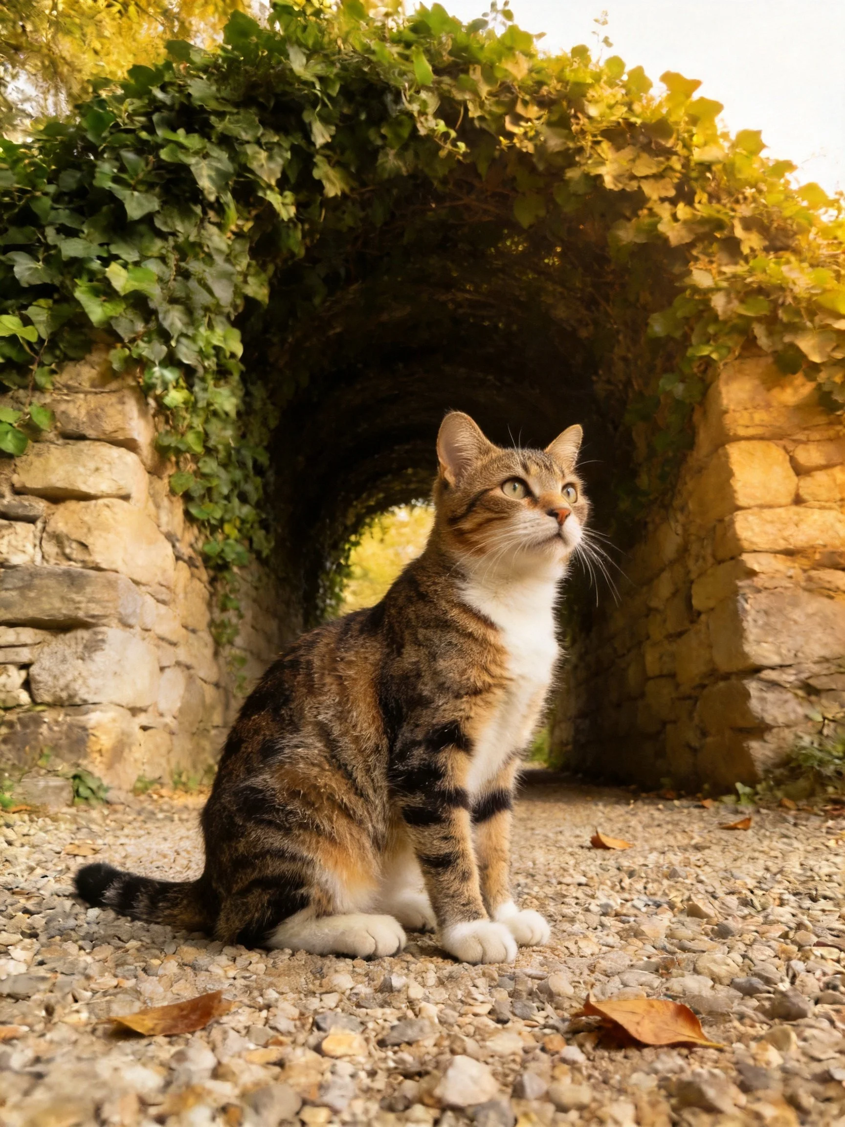 A calico cat sits by an ivy-draped stone tunnel with autumn leaves
