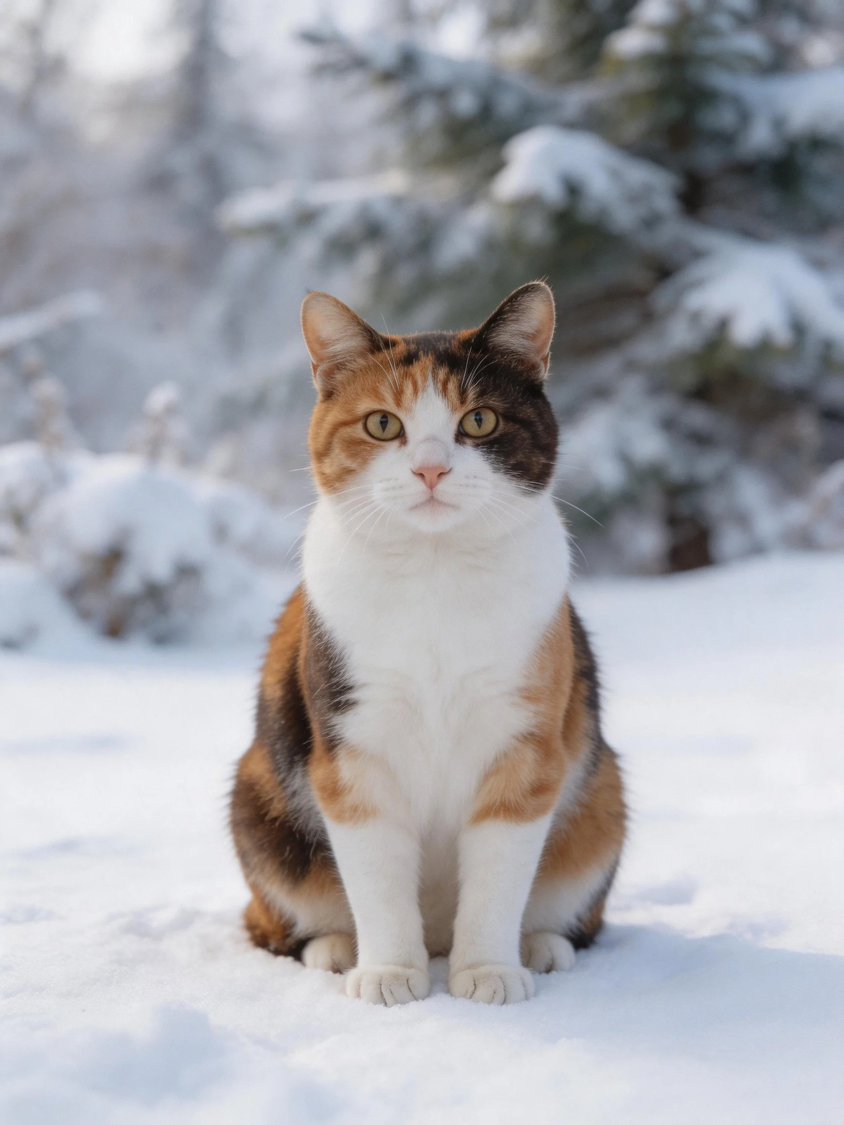 A calico cat sits calmly in a snowy landscape with snow-covered evergreens