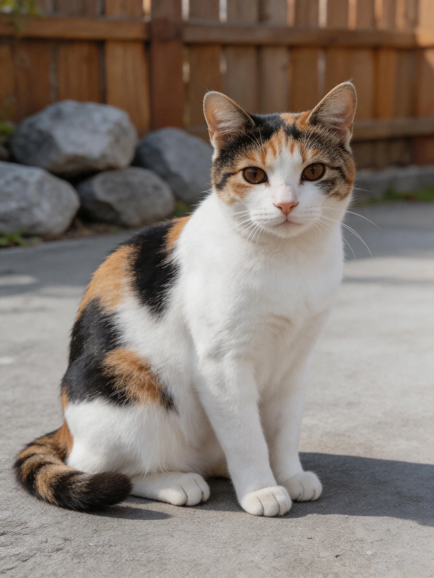 A calico cat sits calmly on a sunlit concrete path