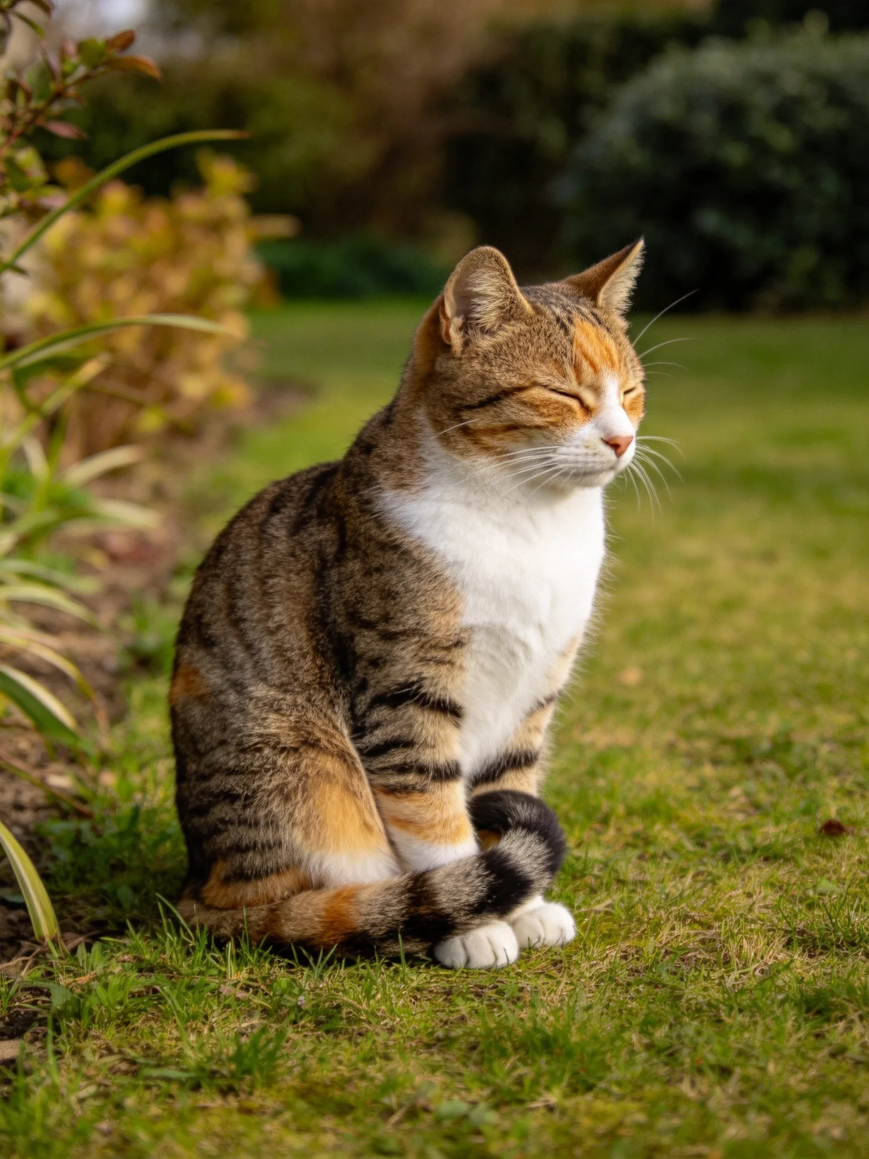 A calico cat sits calmly on green grass beside leafy plants