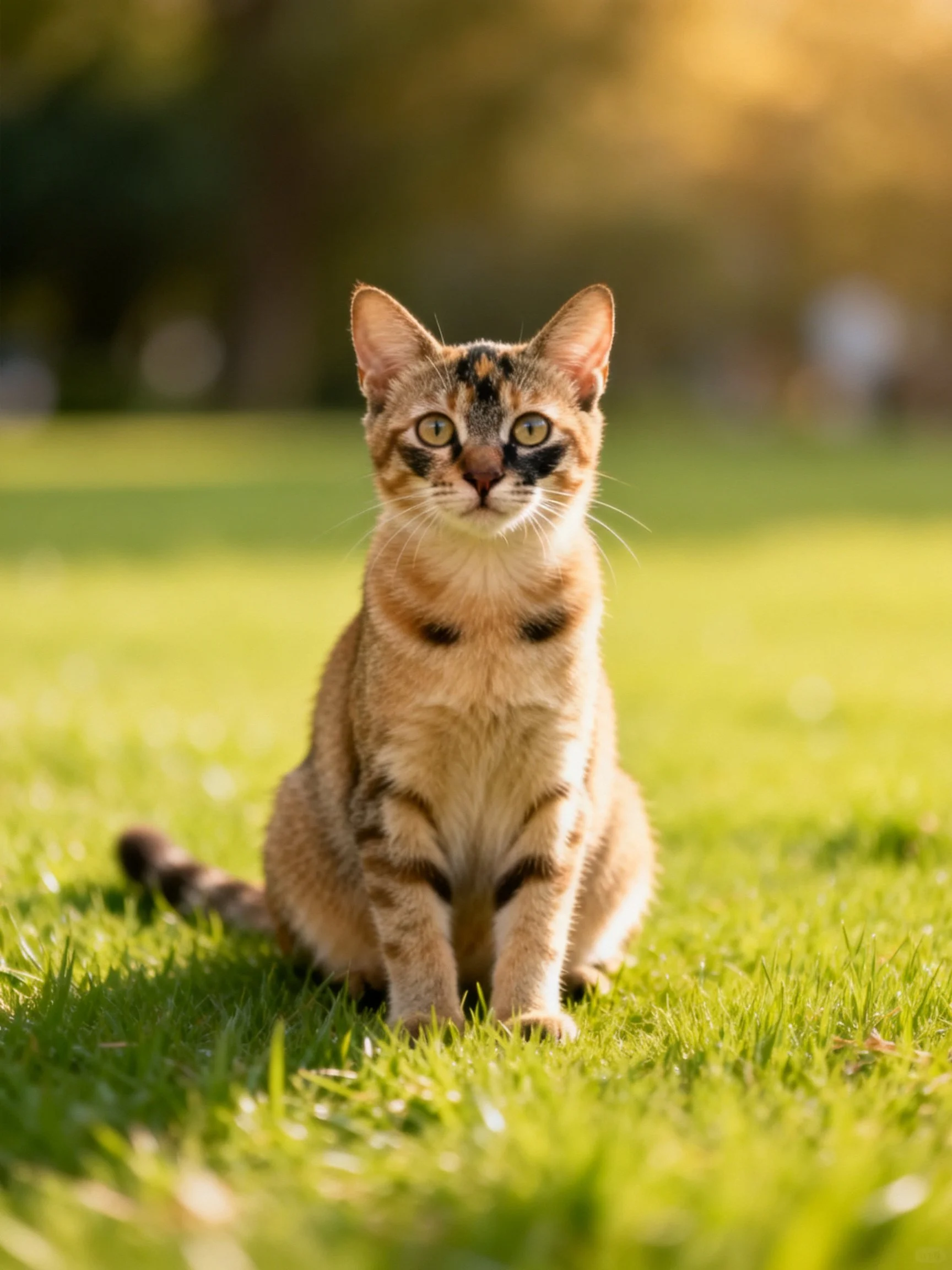 A calico cat sits calmly on vibrant green grass